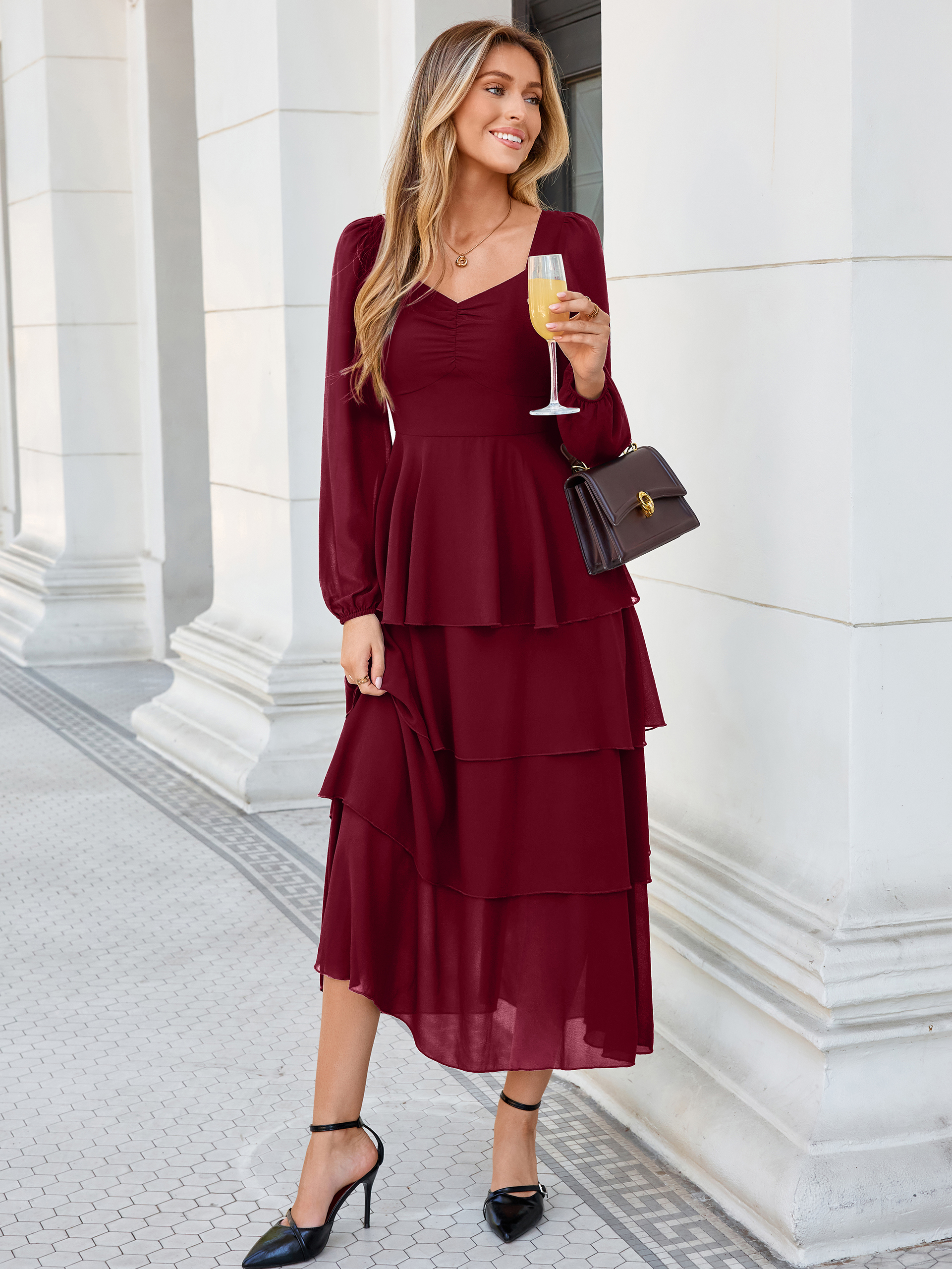 Sweetheart Ruched Long Sleeve Tiered Chiffon Maxi Dress