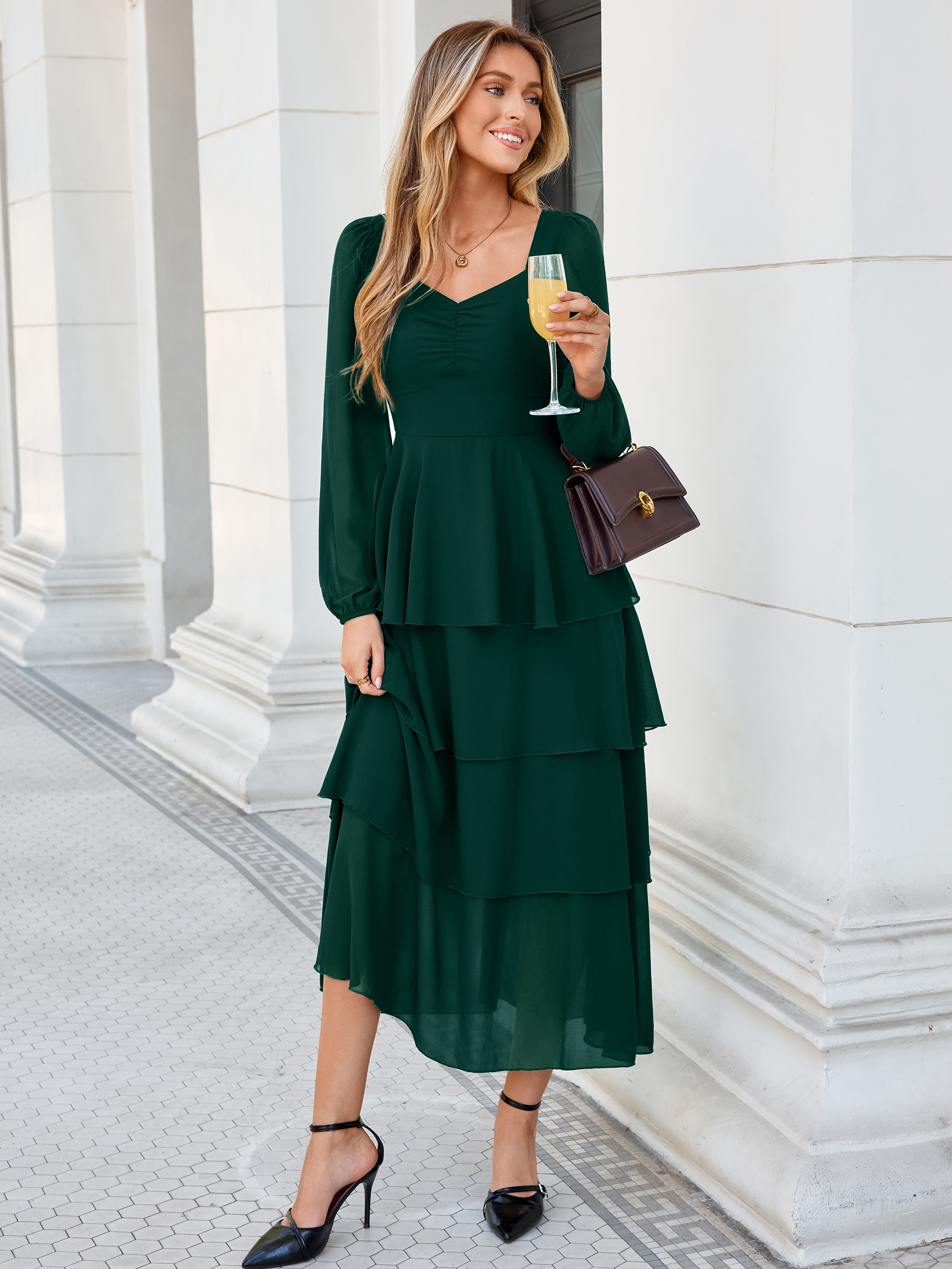 Sweetheart Ruched Long Sleeve Tiered Chiffon Maxi Dress