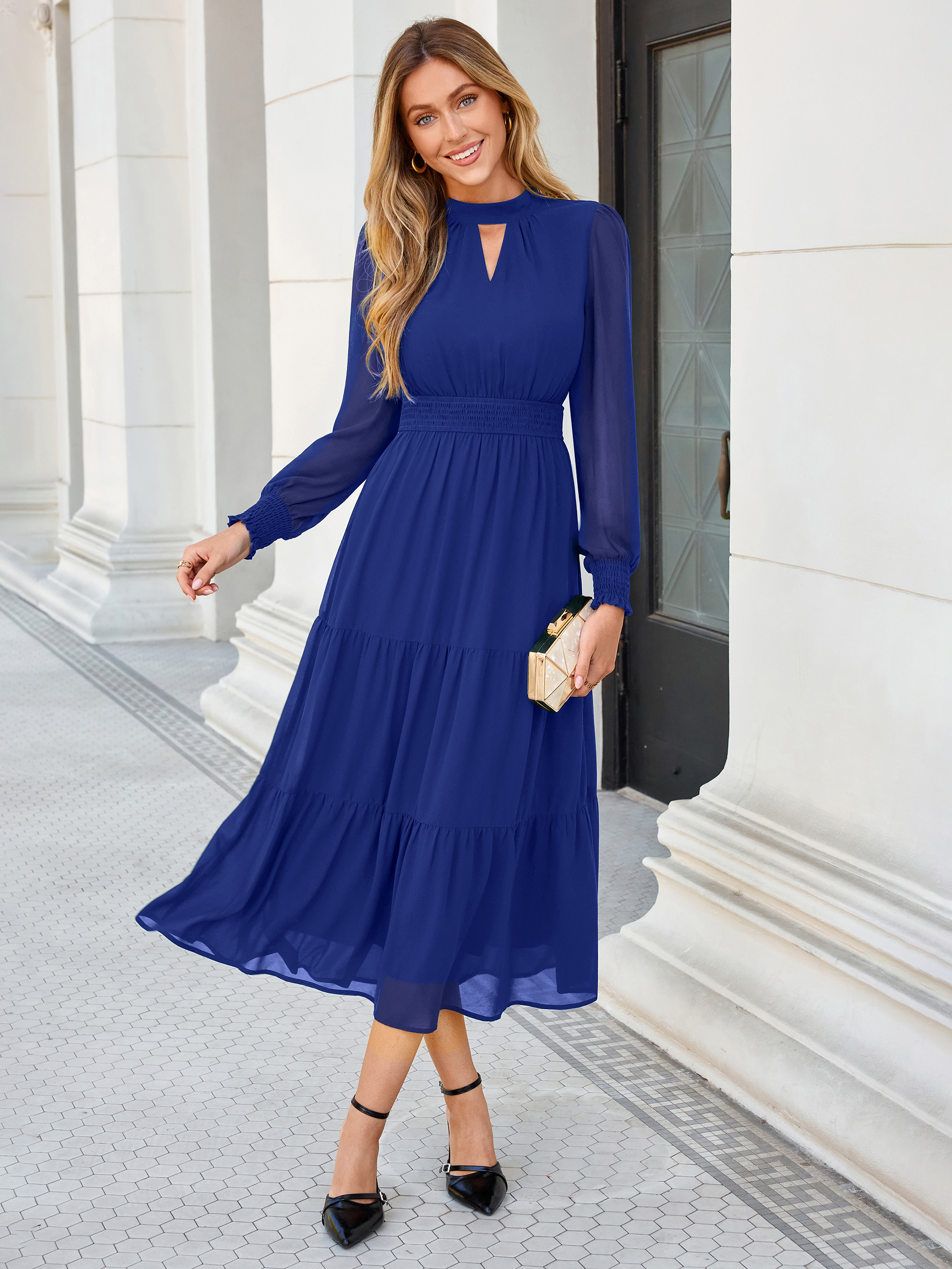 Mock Neck Keyhole Smocked Waist Chiffon Maxi Dress -Blue