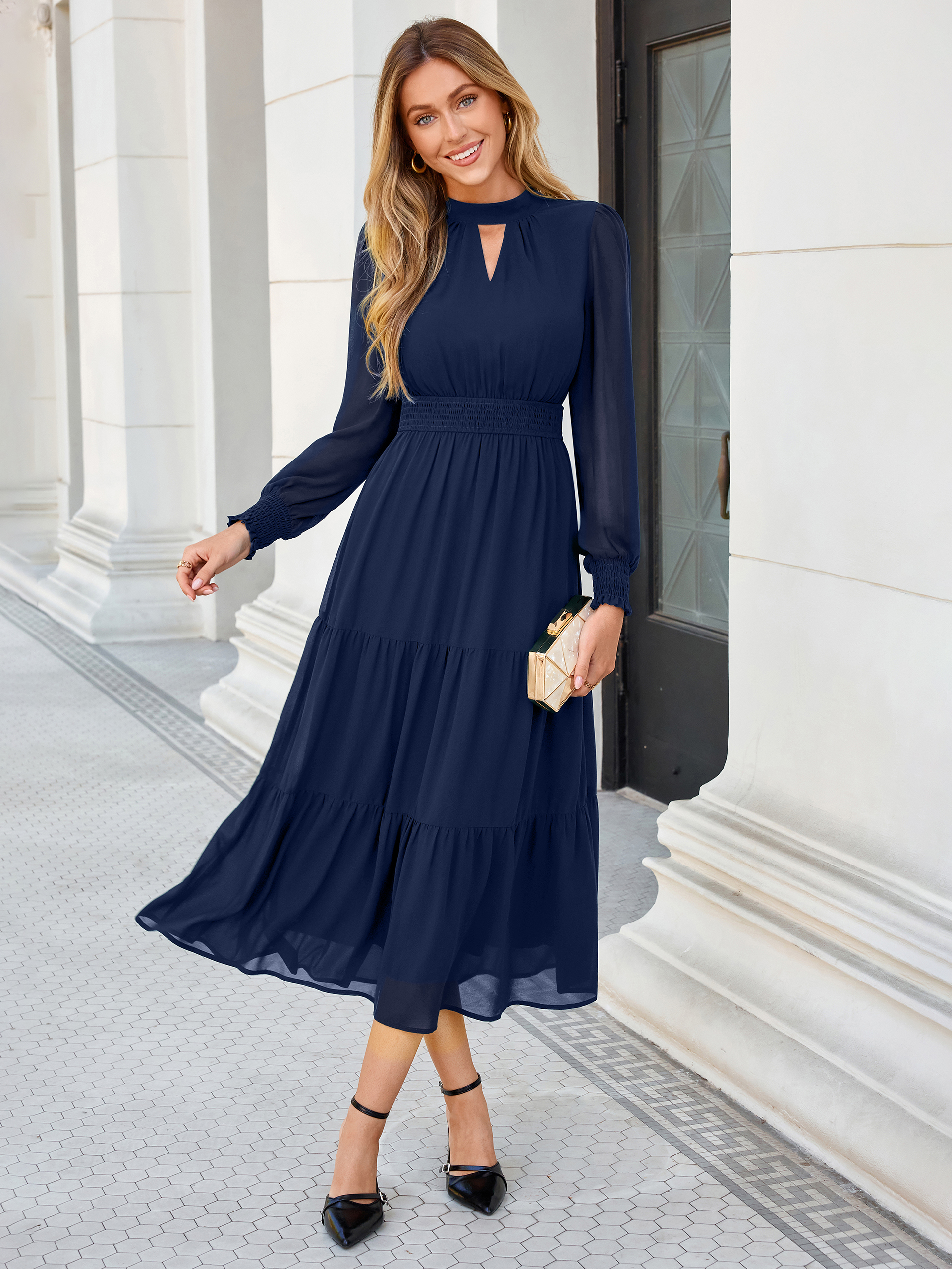 Mock Neck Keyhole Smocked Waist Chiffon Maxi Dress - Navy Blue