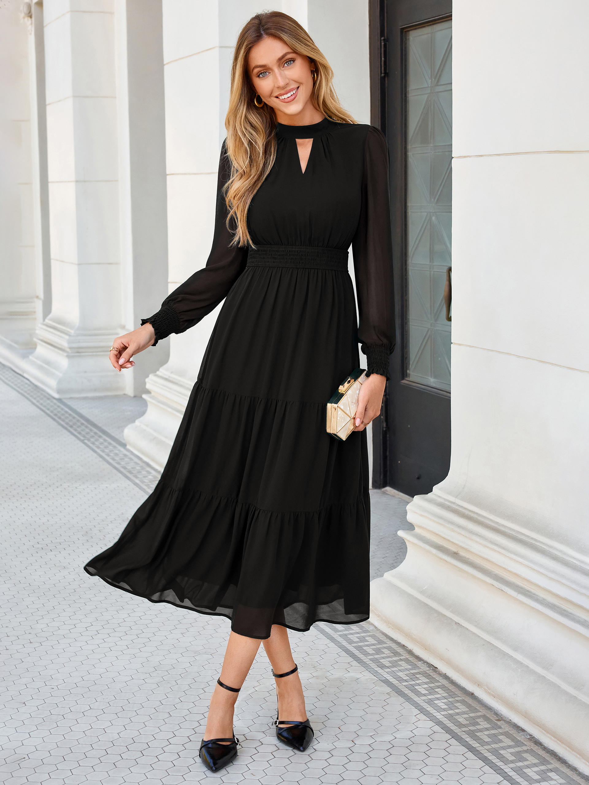 Mock Neck Keyhole Smocked Waist Chiffon Maxi Dress -Black