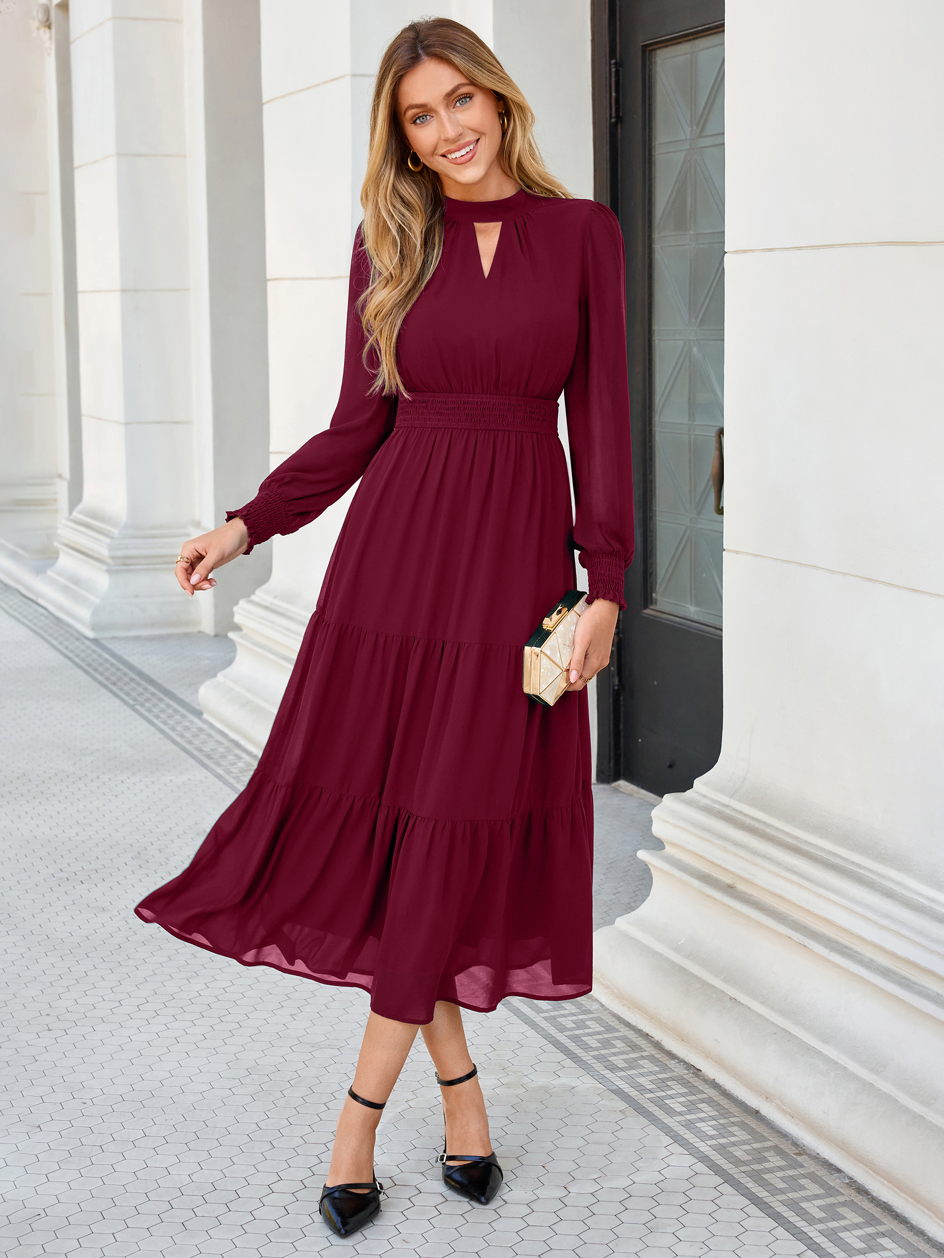 Mock Neck Keyhole Smocked Waist Chiffon Maxi Dress - Wine Red