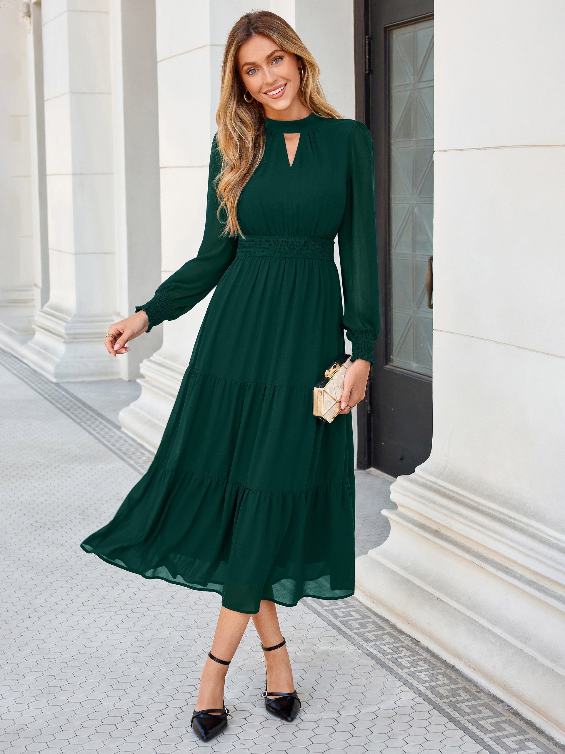Mock Neck Keyhole Smocked Waist Chiffon Maxi Dress - Dark Green