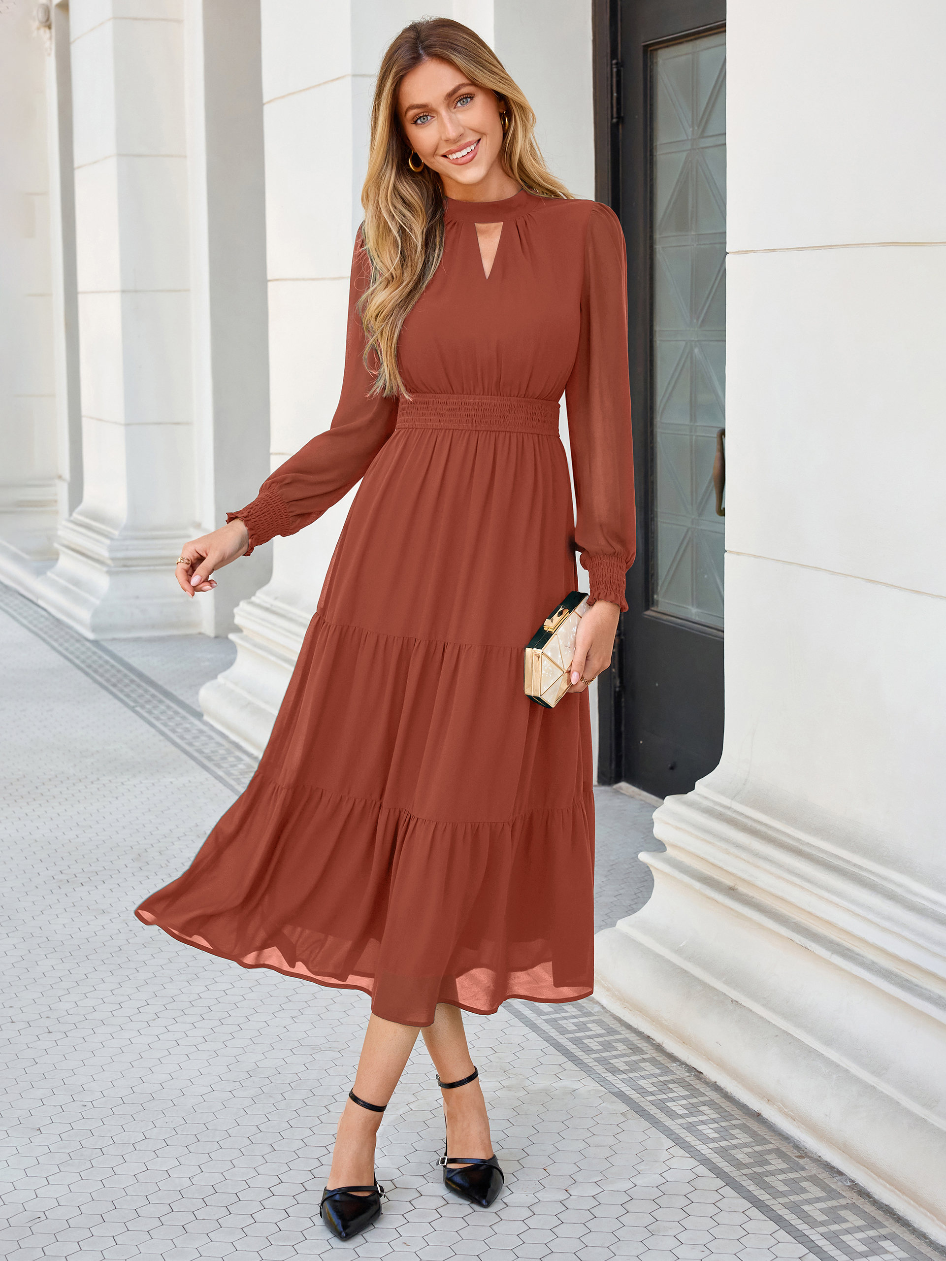 Mock Neck Keyhole Smocked Waist Chiffon Maxi Dress - Rust Red