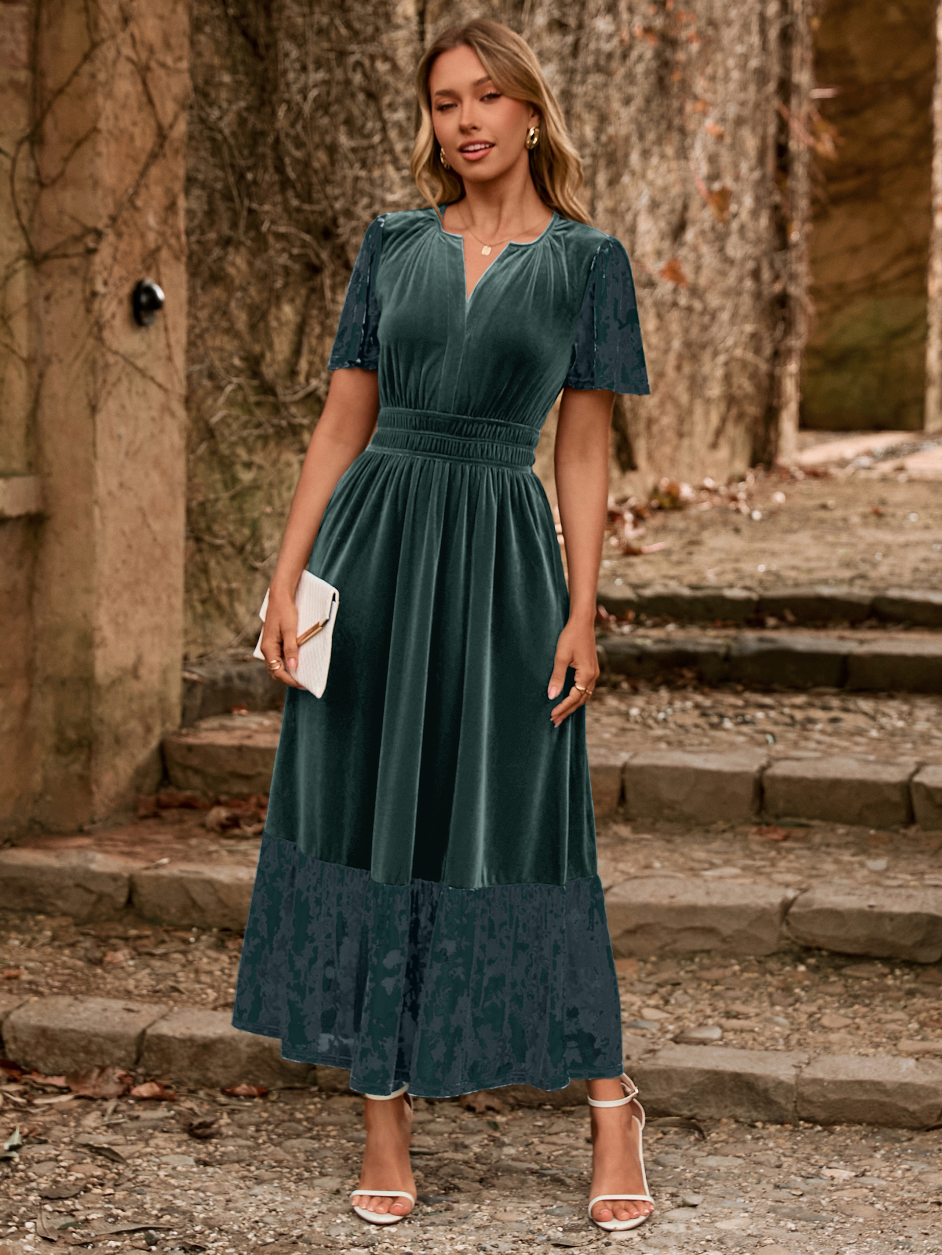 Velvet Floral Burnout V Neck Maxi Dress