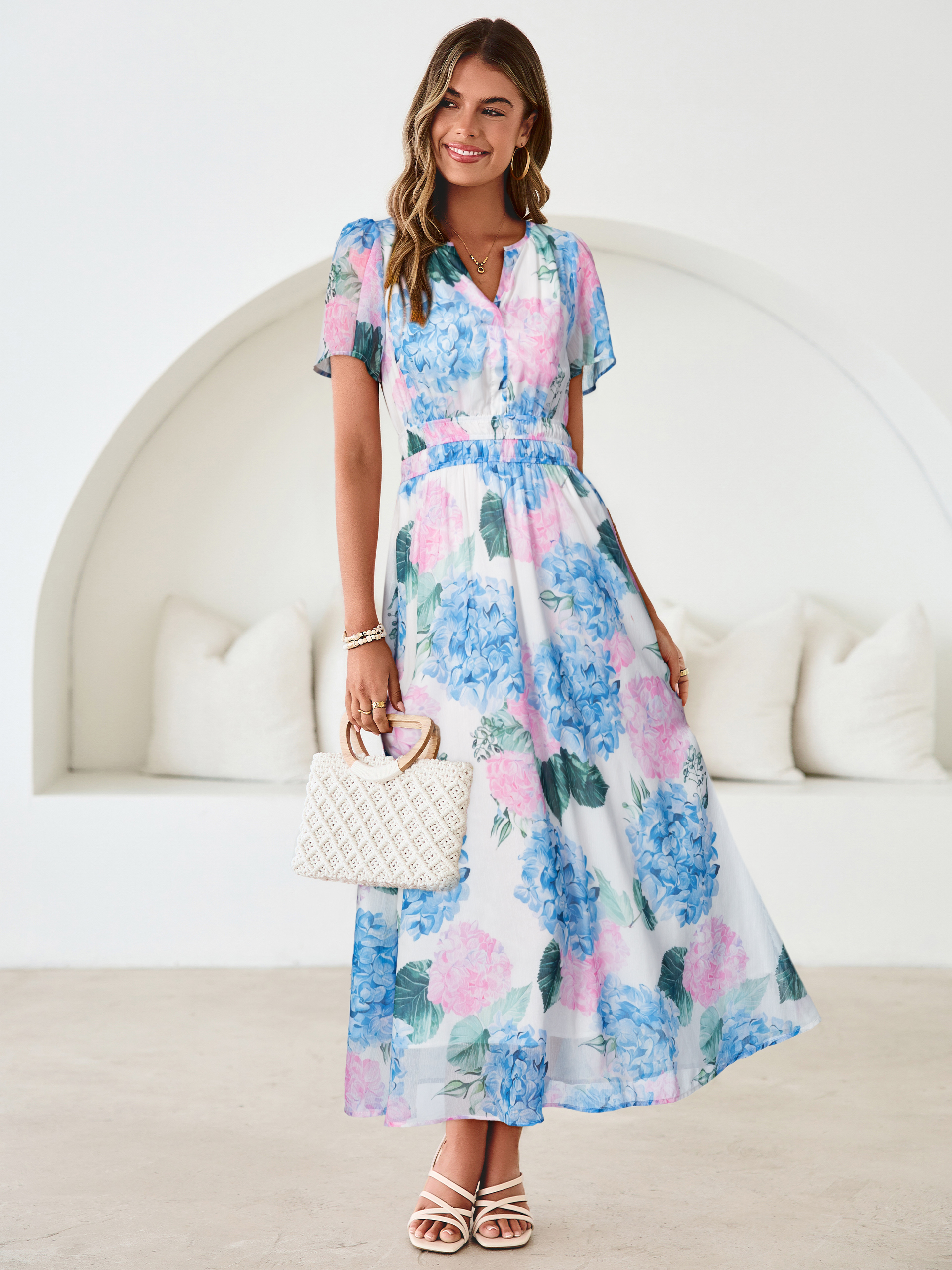 Floral V-Neck Smocked Waist Maxi Dress - Blue Pink Floral