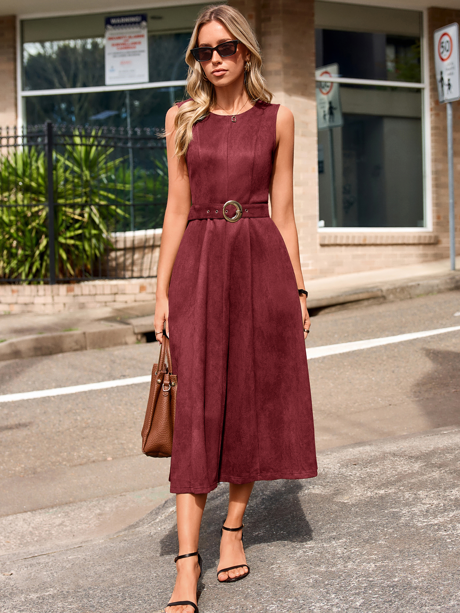 Belted Faux Suede A-Line Sleeveless Midi Dress