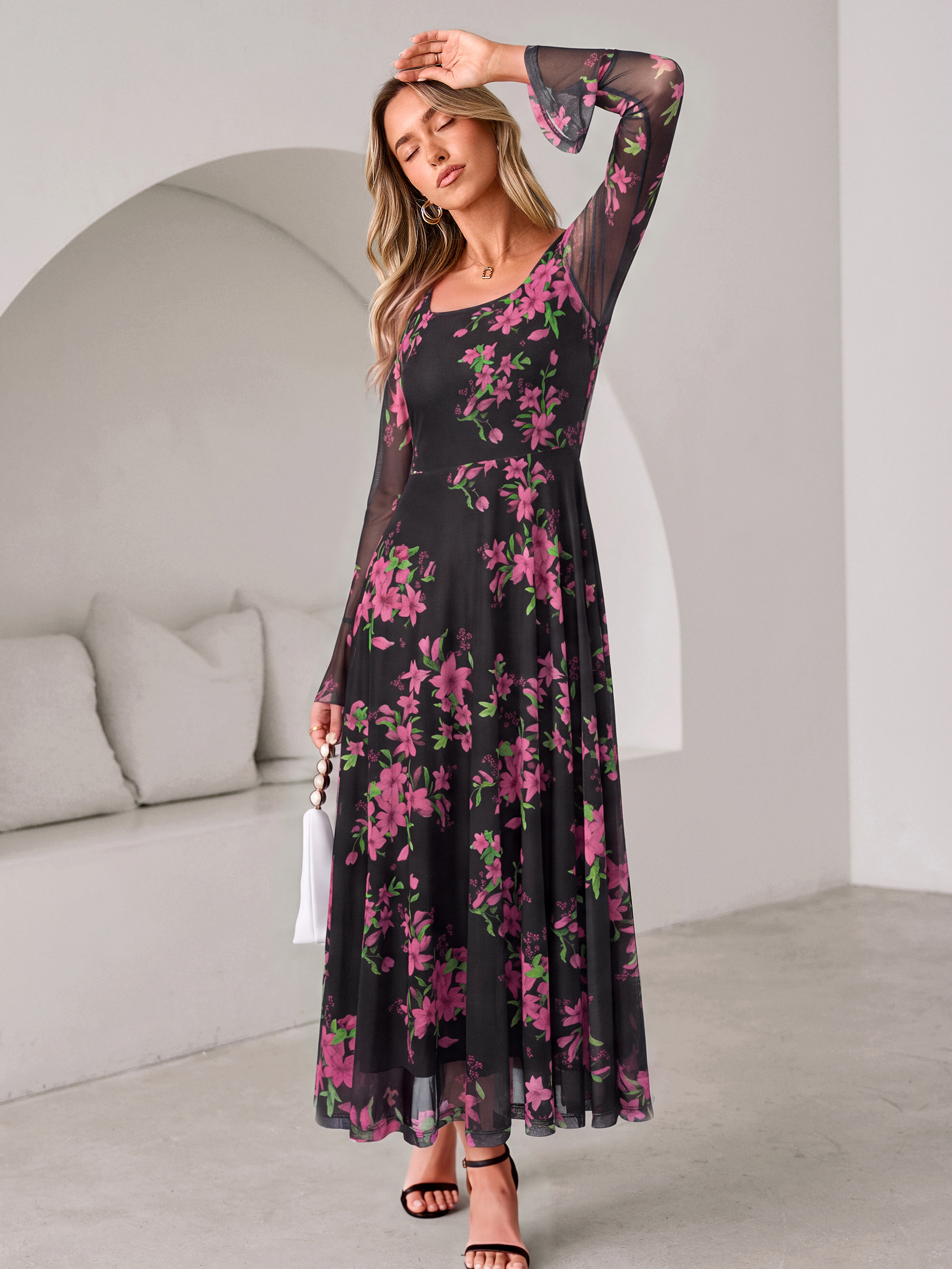 Square Neck Floral Mesh Bell Sleeve Maxi Dress