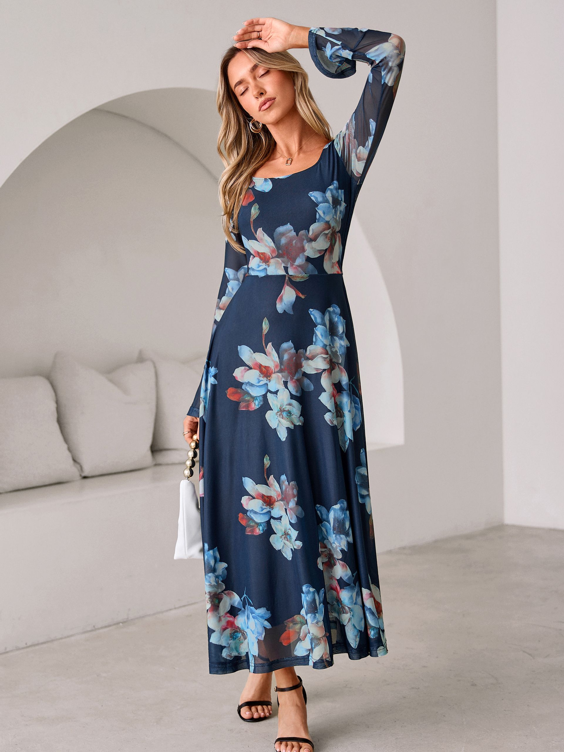 Square Neck Floral Mesh Bell Sleeve Maxi Dress