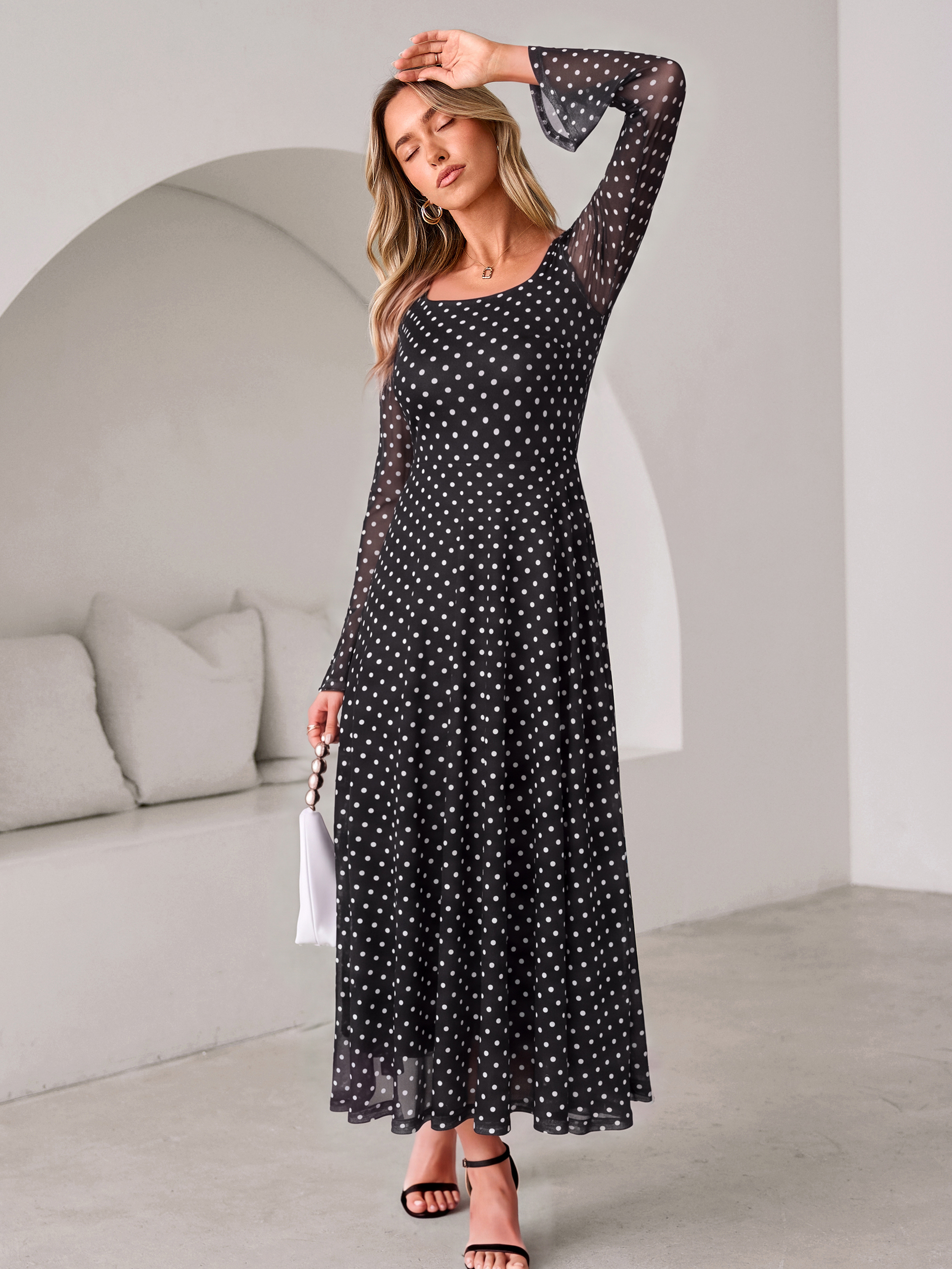 Polka Dot Print Square Neck Mesh Maxi Dress