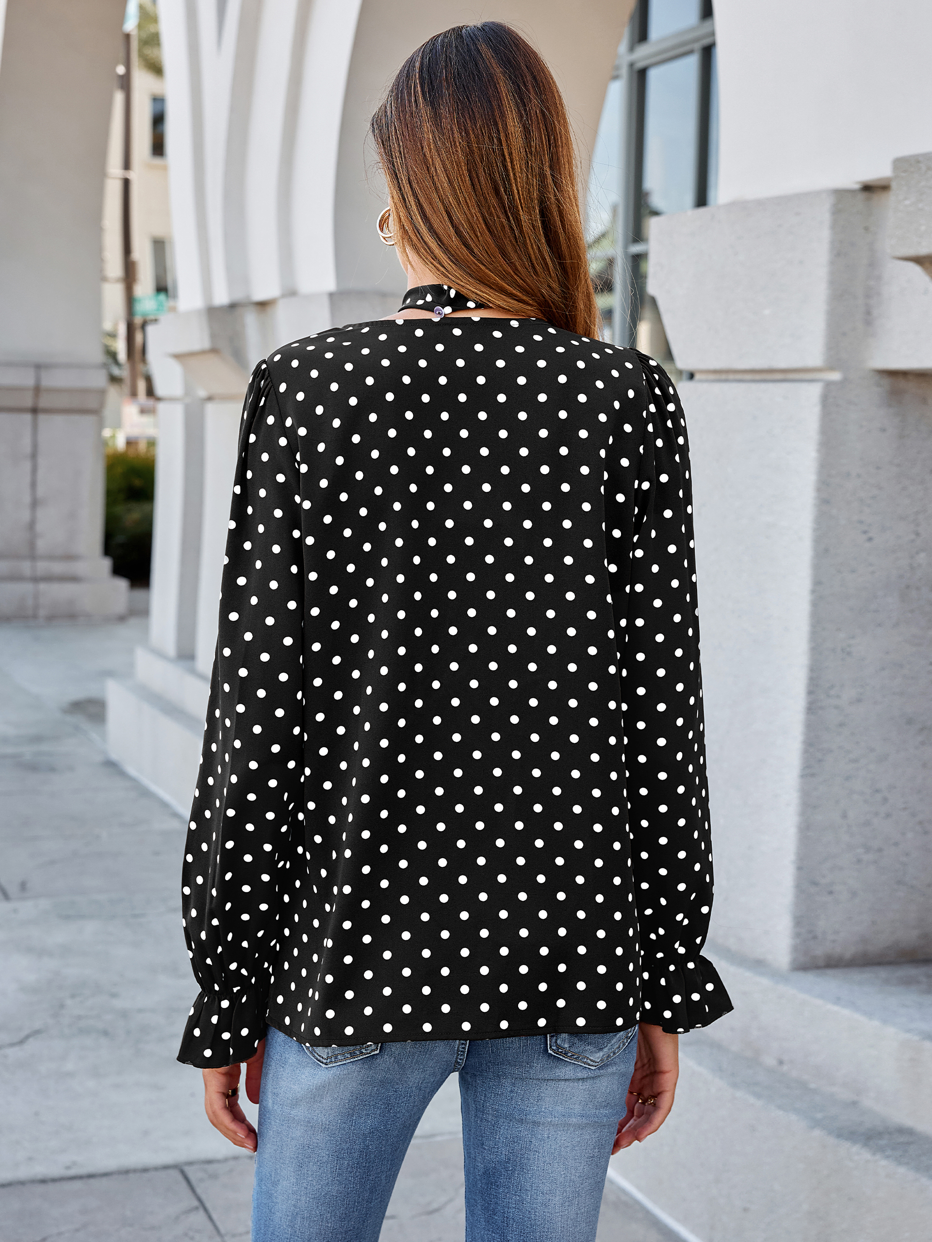 Polka Dot Tie-Neck Long Sleeve Satin Blouse
