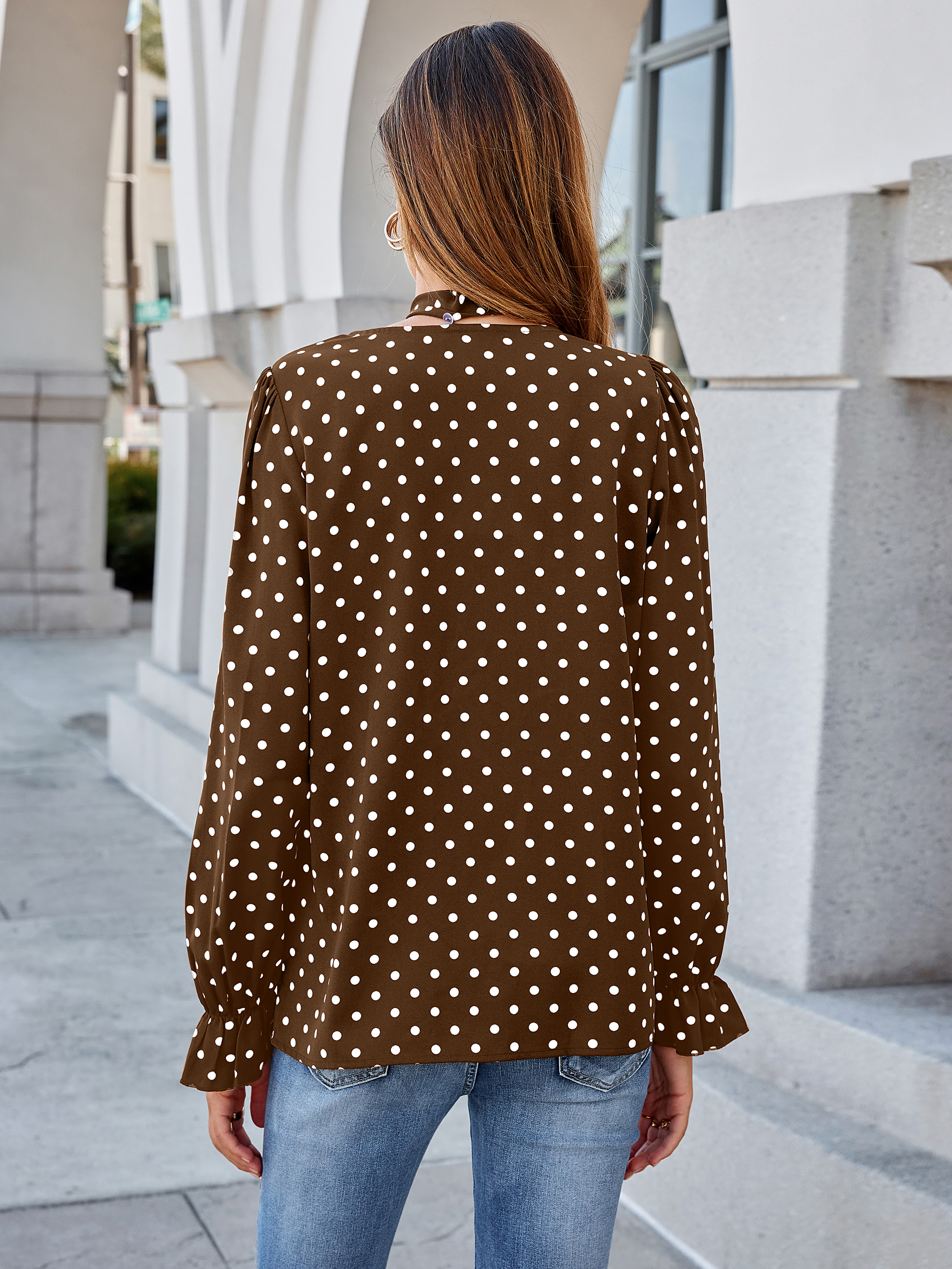 Polka Dot Tie-Neck Long Sleeve Satin Blouse