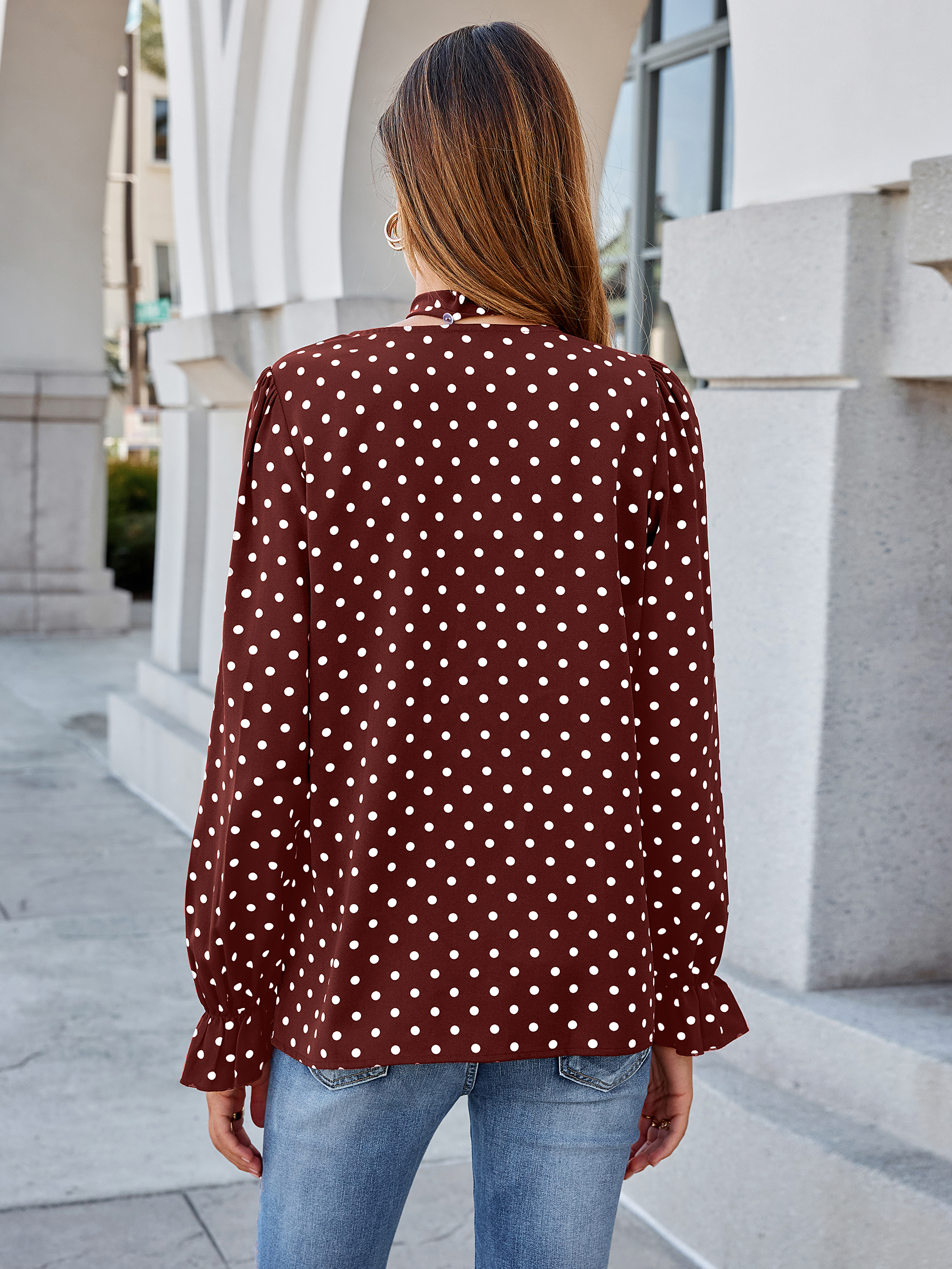 Polka Dot Tie-Neck Long Sleeve Satin Blouse