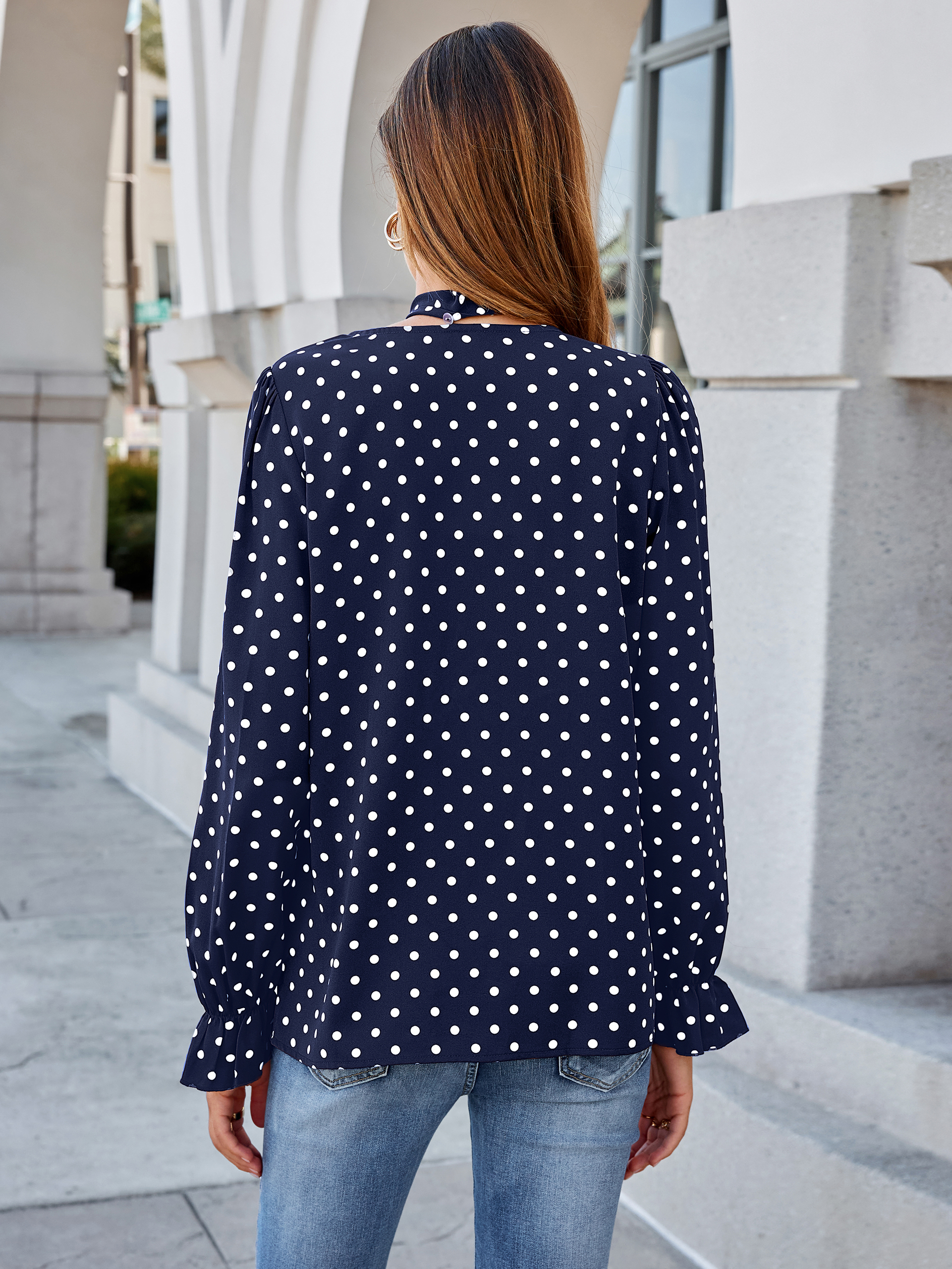 Polka Dot Tie-Neck Long Sleeve Satin Blouse