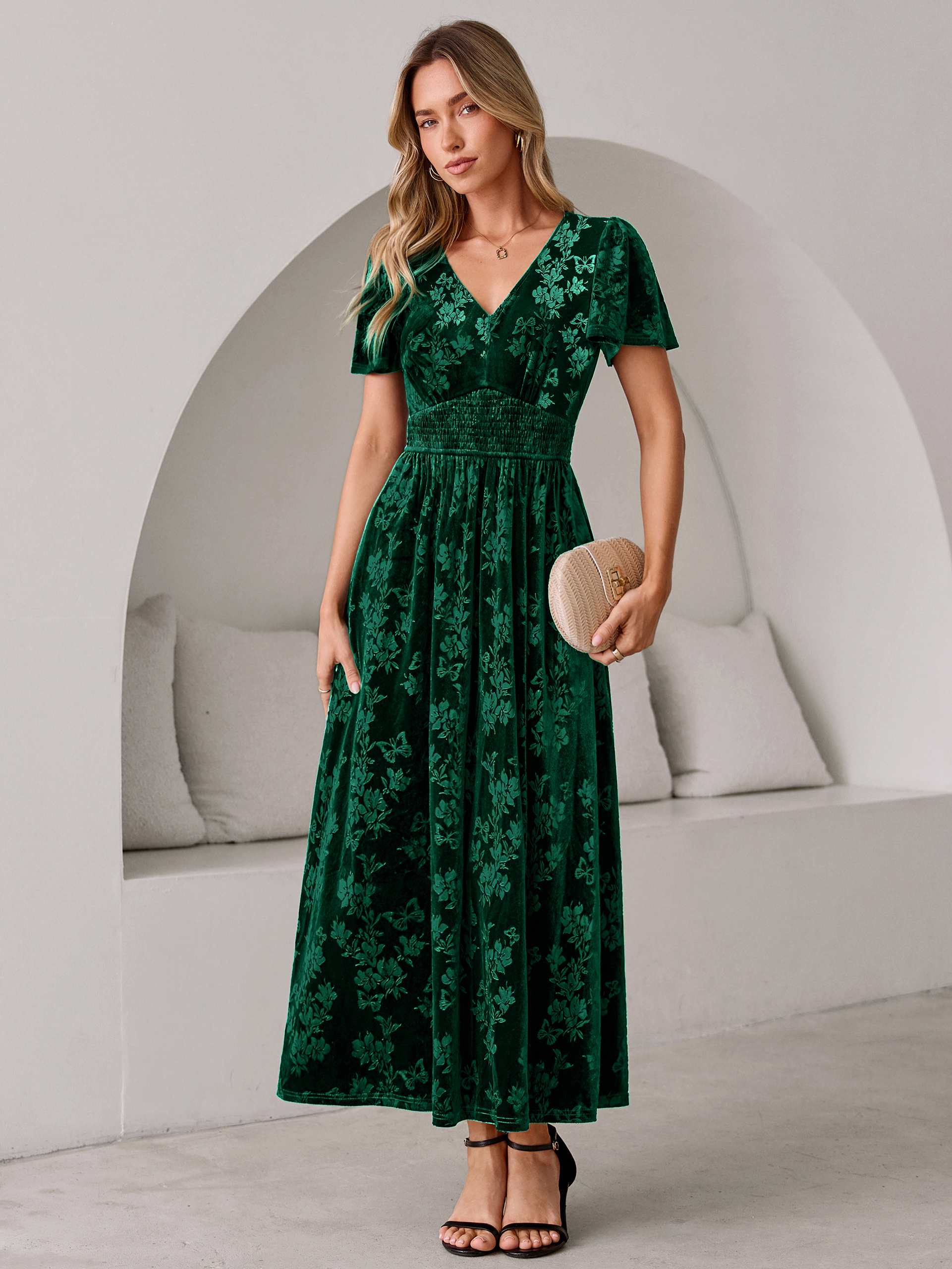 V-Neck Embossed Floral Velvet Maxi Dress