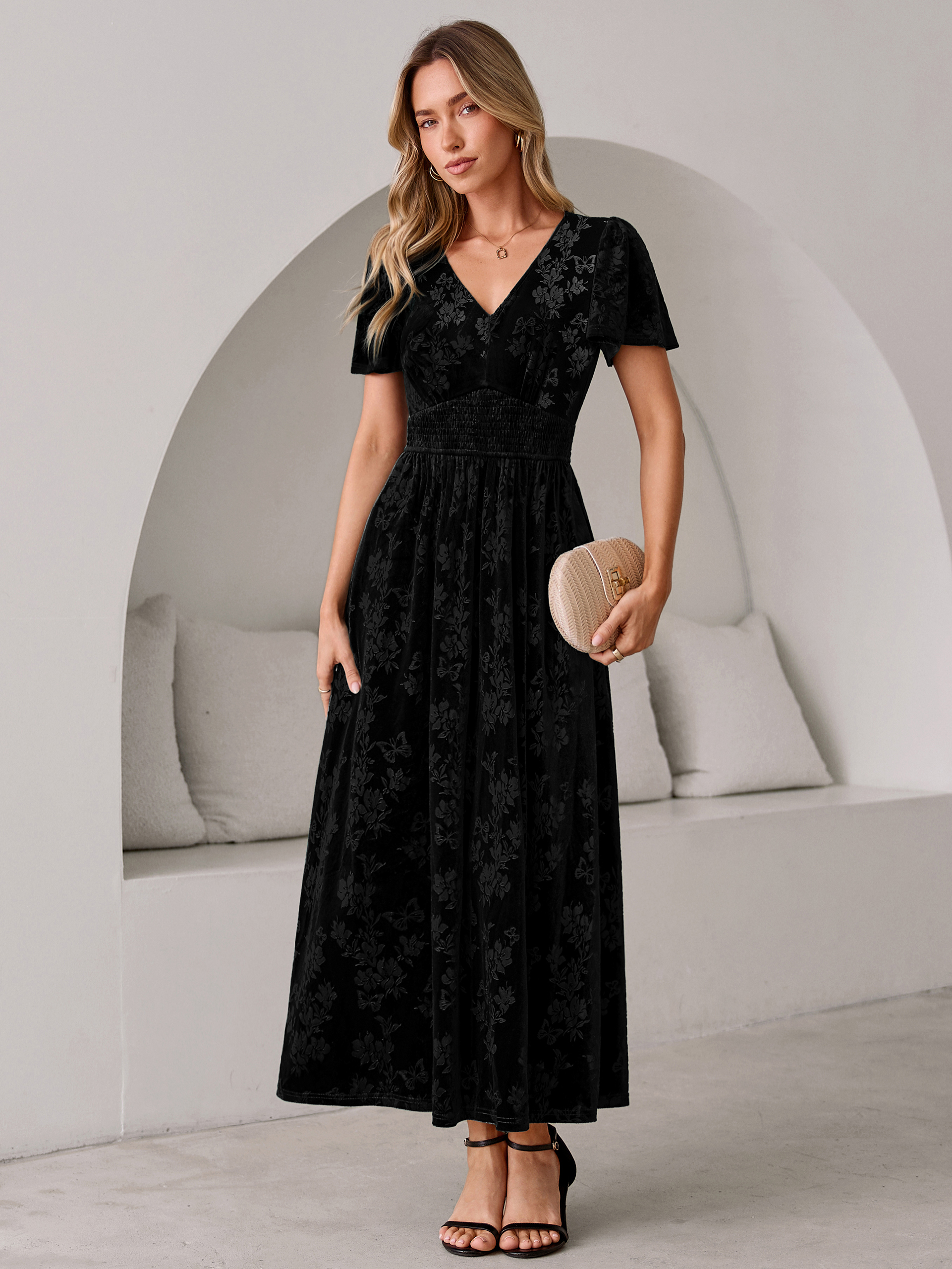V-Neck Embossed Floral Velvet Maxi Dress