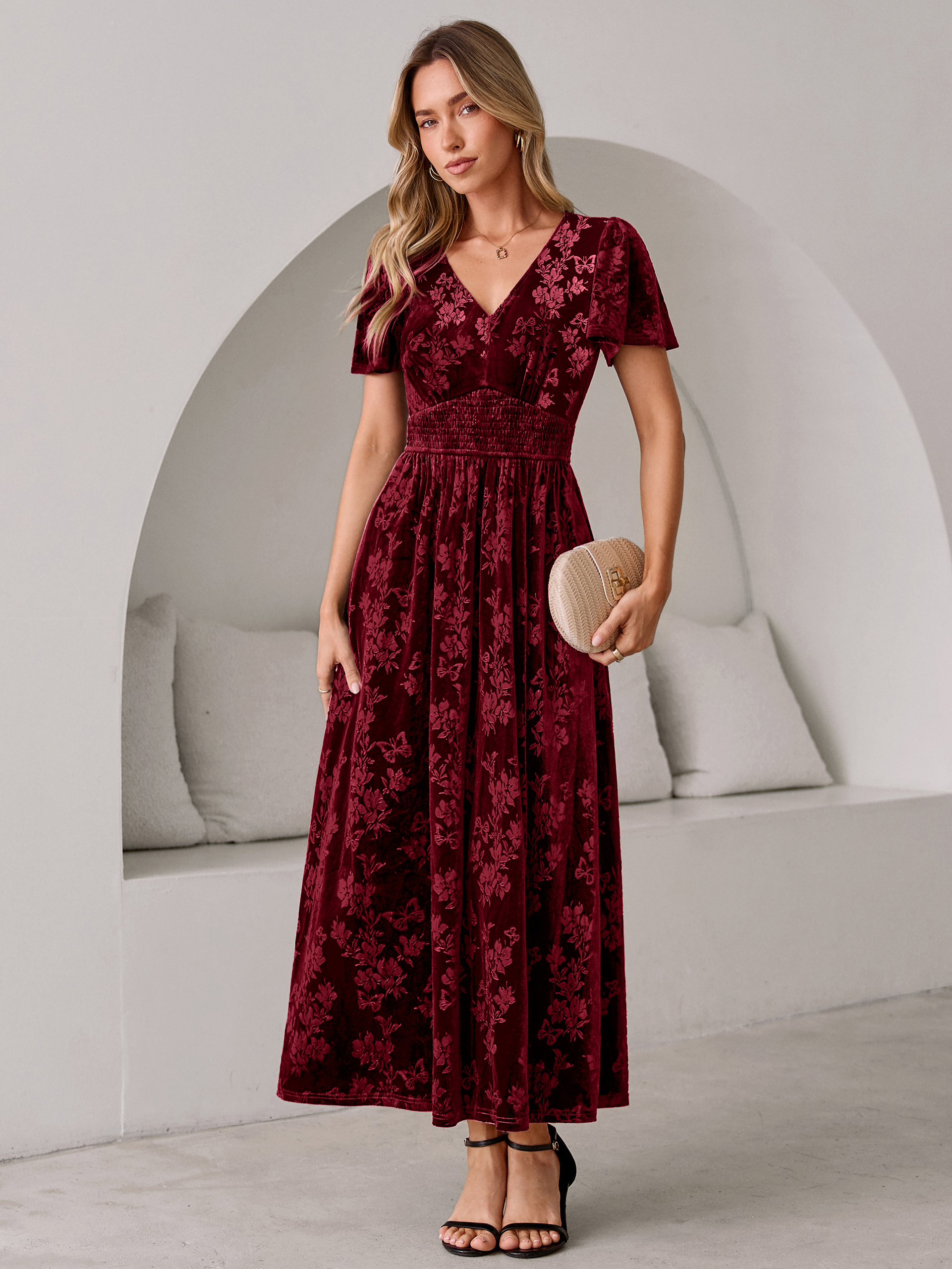 V-Neck Embossed Floral Velvet Maxi Dress