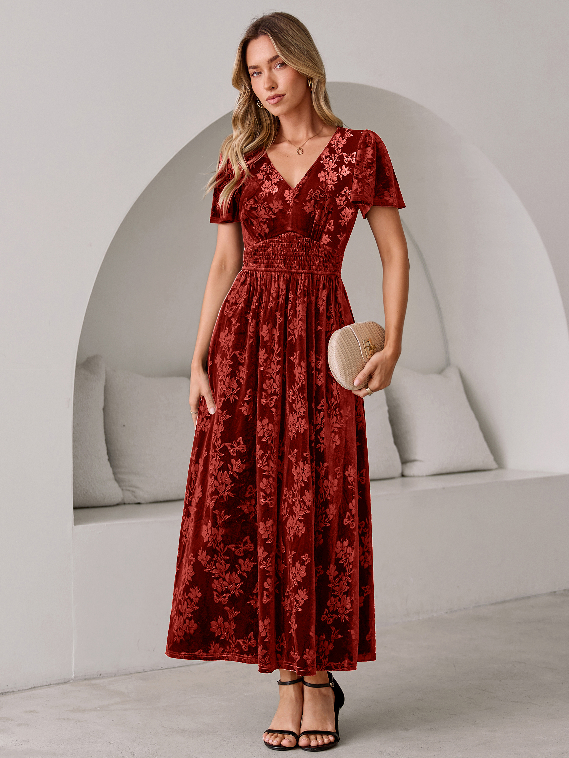 V-Neck Embossed Floral Velvet Maxi Dress