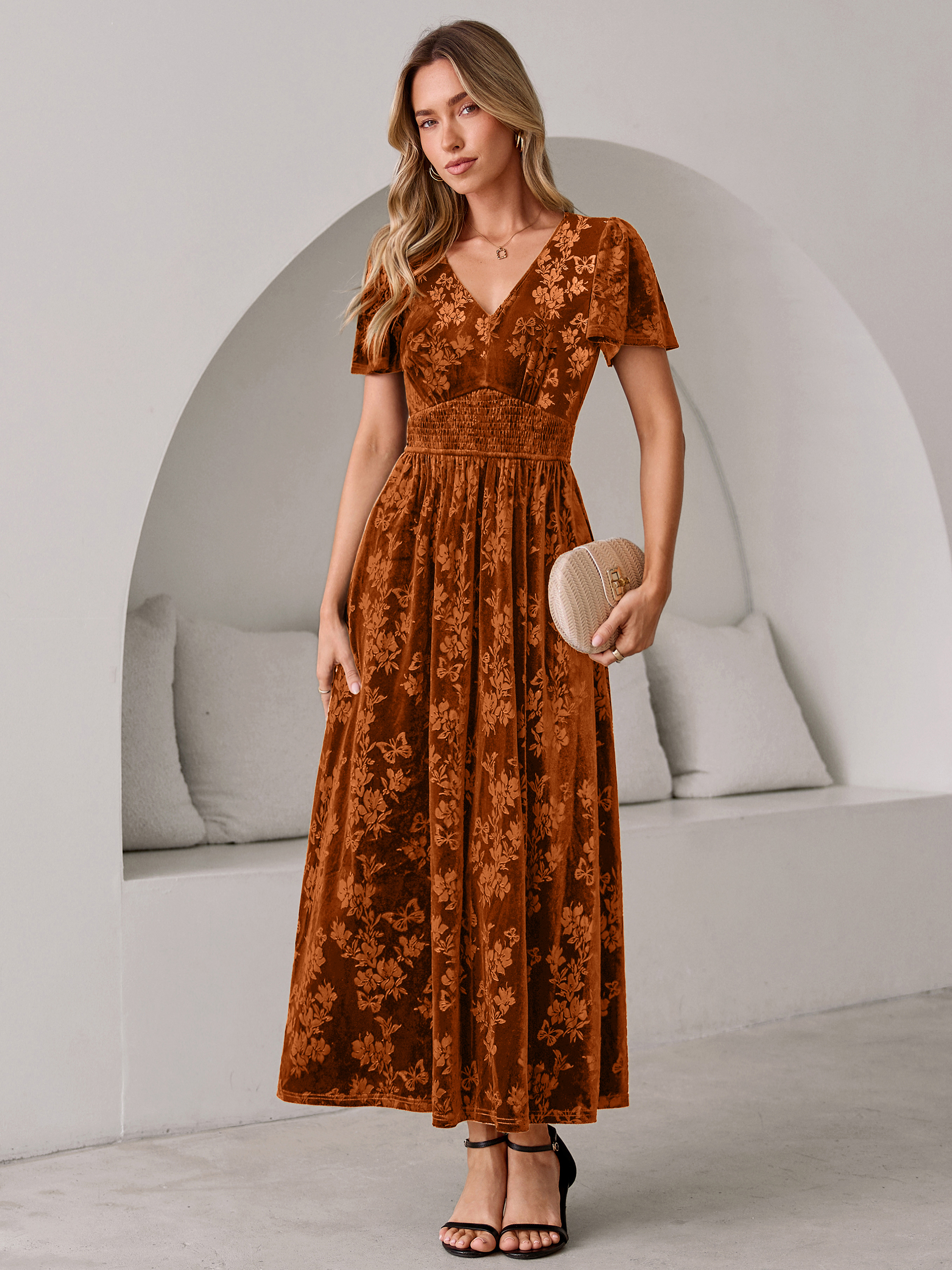 V-Neck Embossed Floral Velvet Maxi Dress