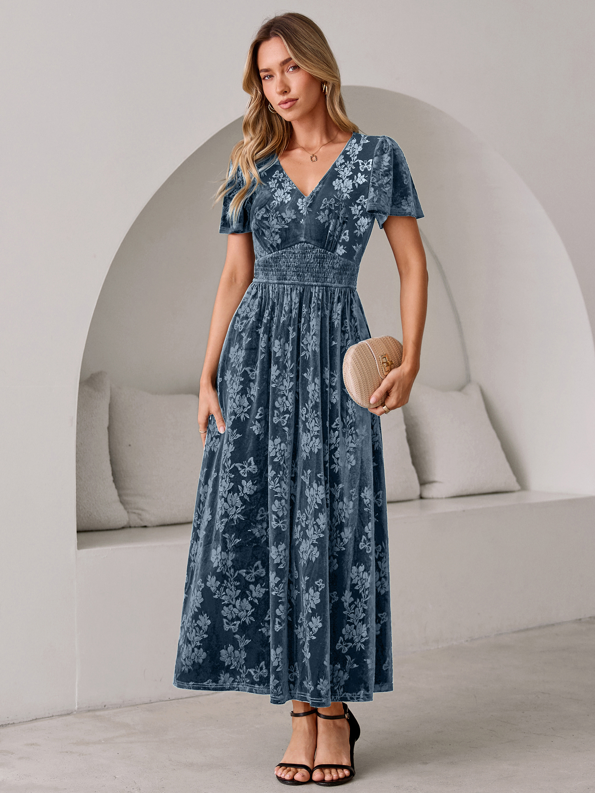 V-Neck Embossed Floral Velvet Maxi Dress