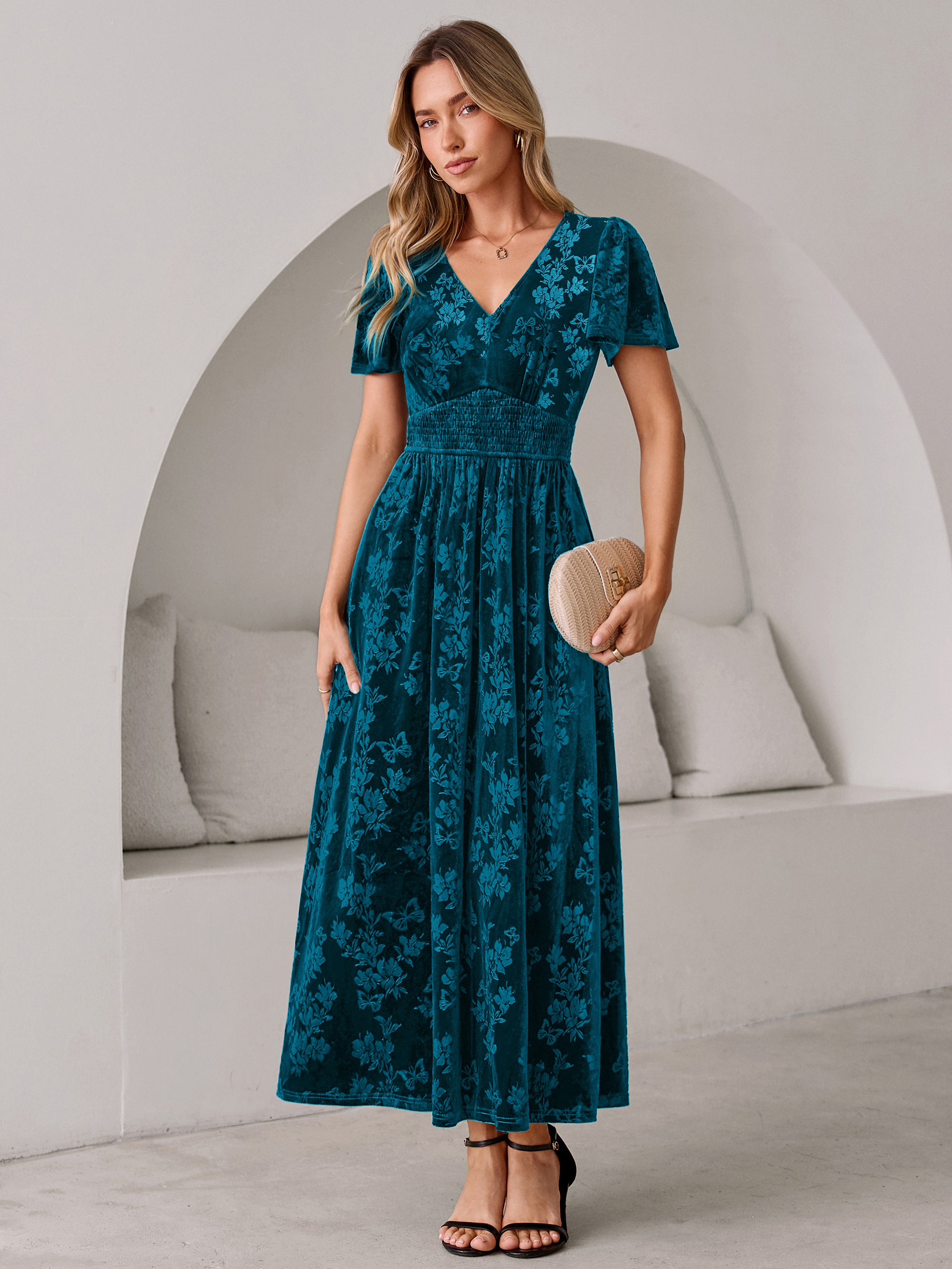 V-Neck Embossed Floral Velvet Maxi Dress