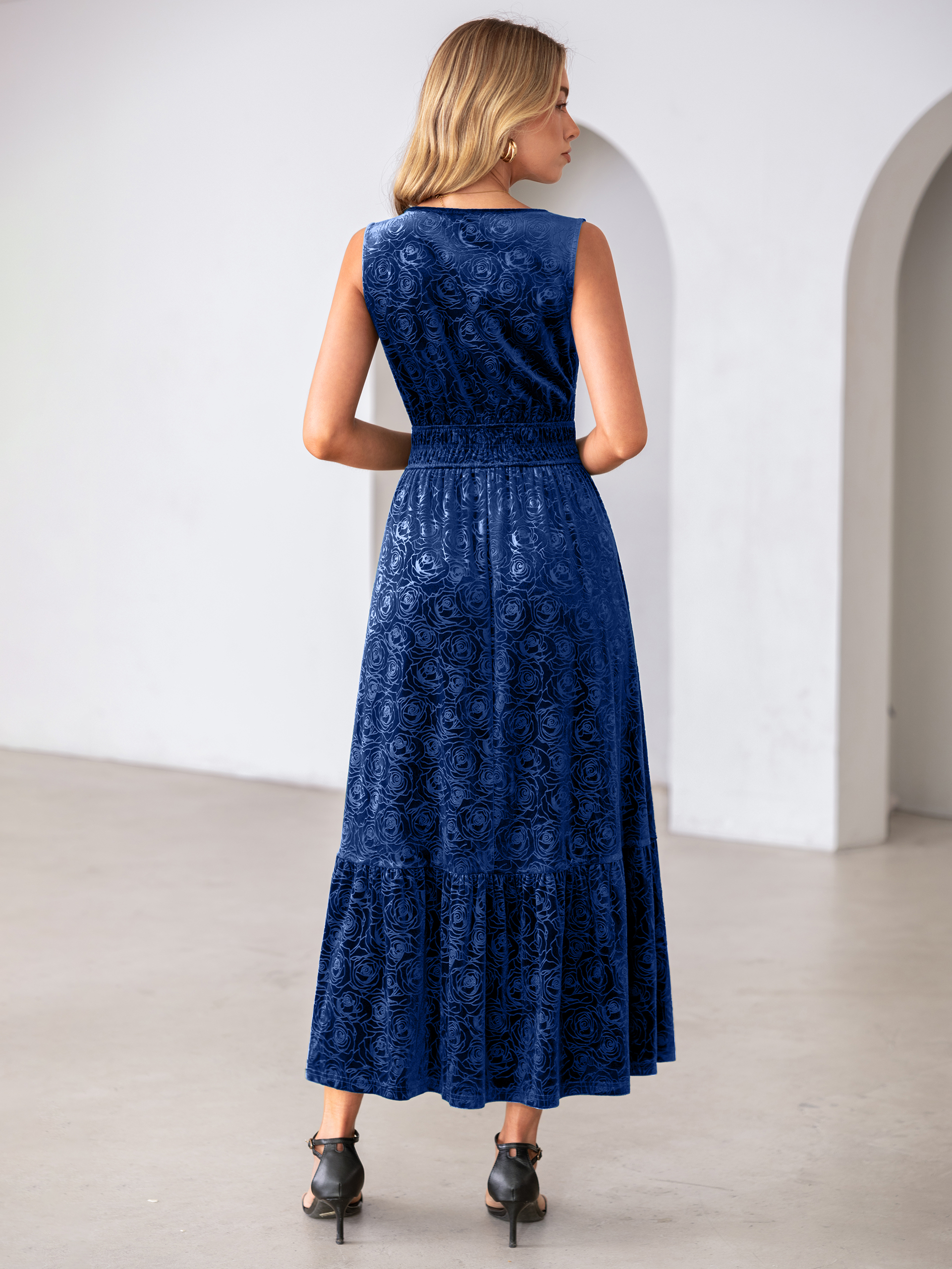 Sleeveless V-Neck Embossed Floral Velvet Maxi Dress