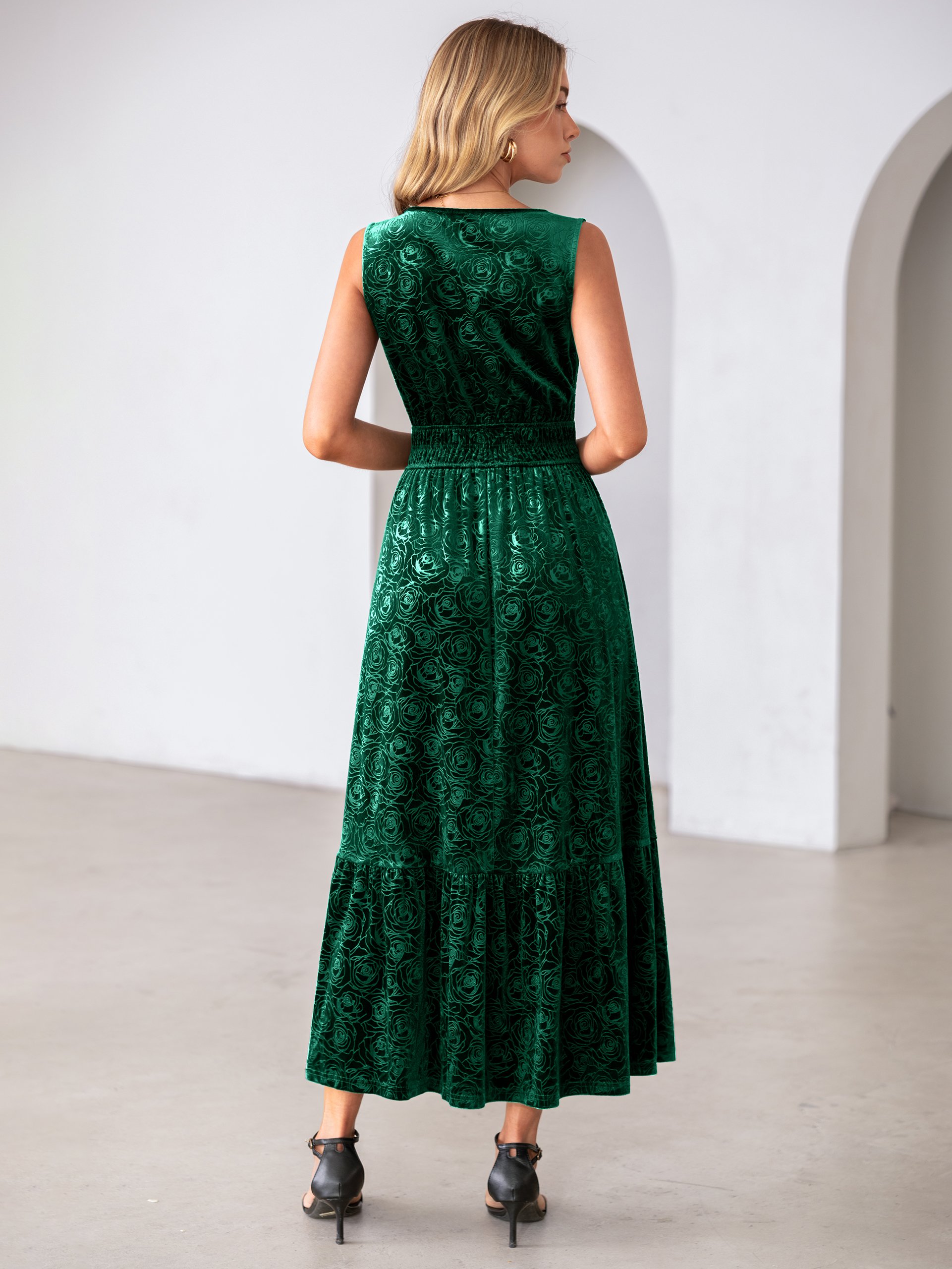 Sleeveless V-Neck Embossed Floral Velvet Maxi Dress