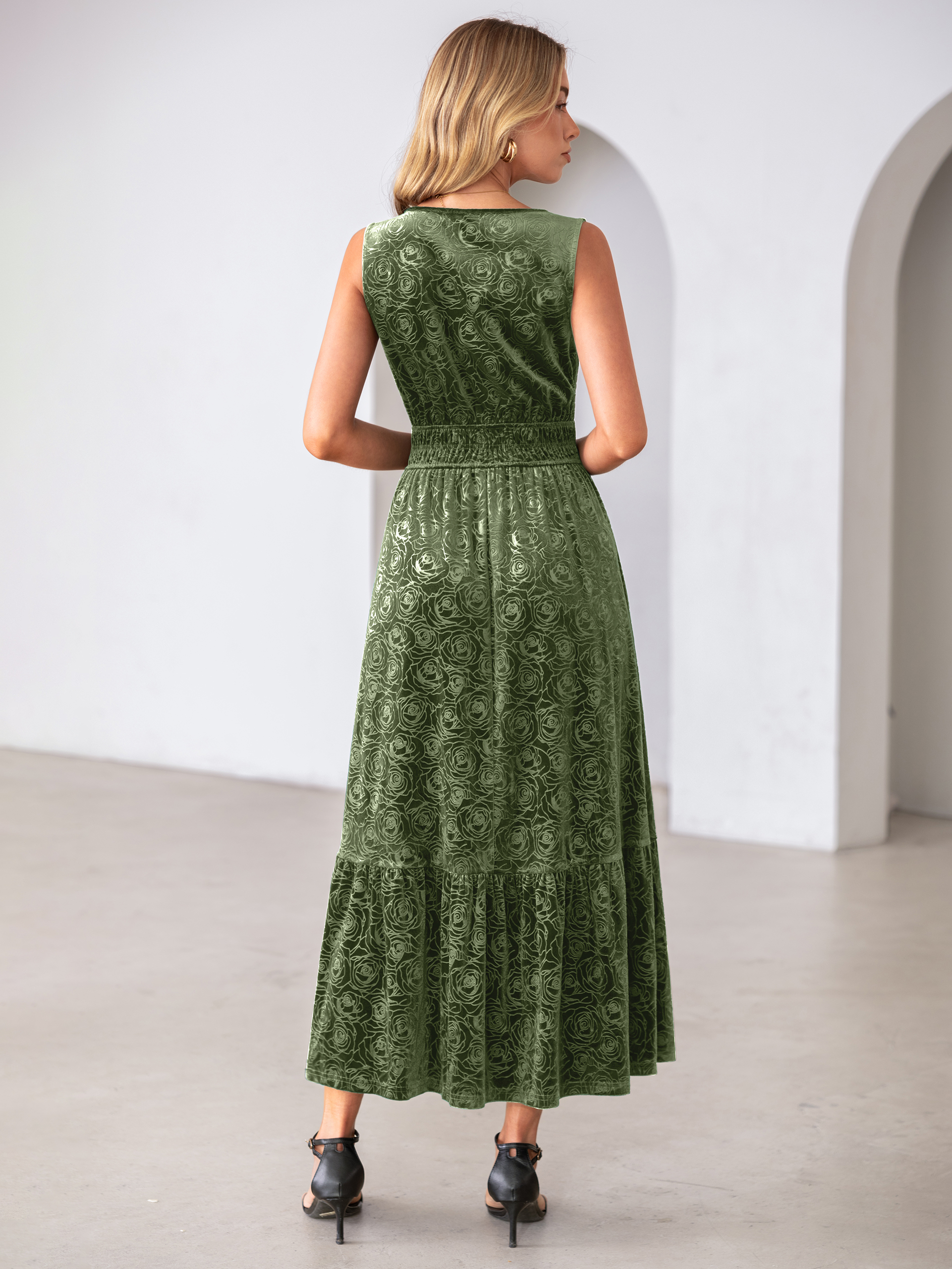 Sleeveless V-Neck Embossed Floral Velvet Maxi Dress