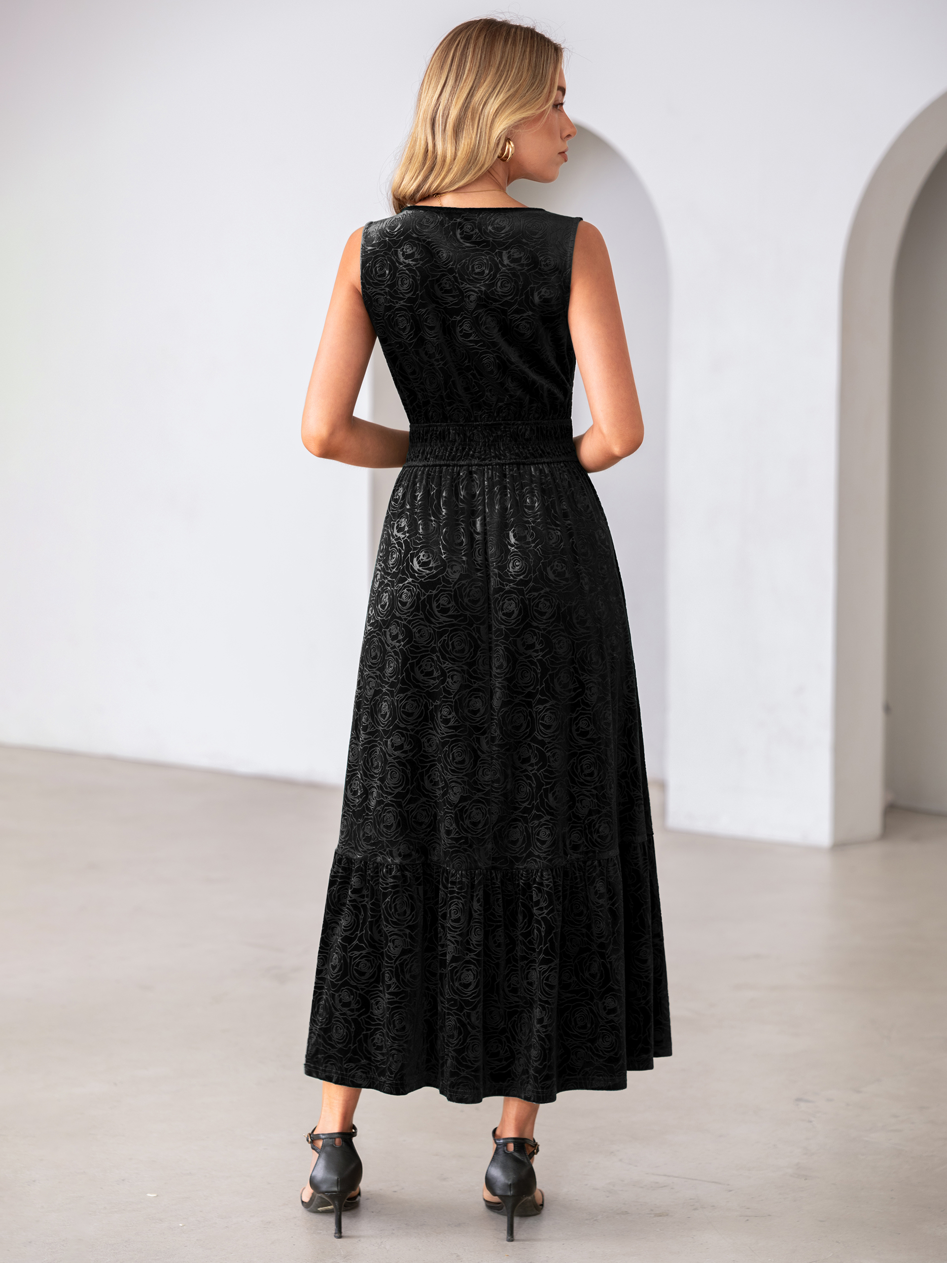 Sleeveless V-Neck Embossed Floral Velvet Maxi Dress