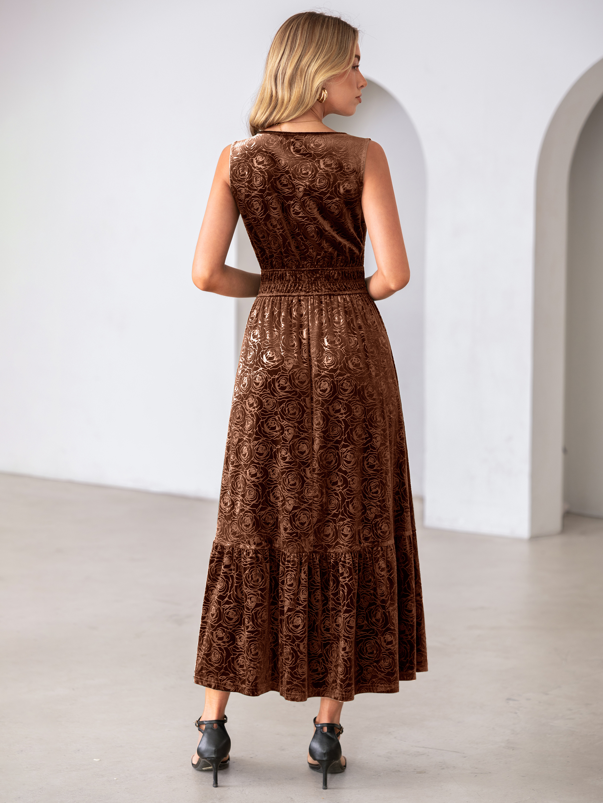 Sleeveless V-Neck Embossed Floral Velvet Maxi Dress