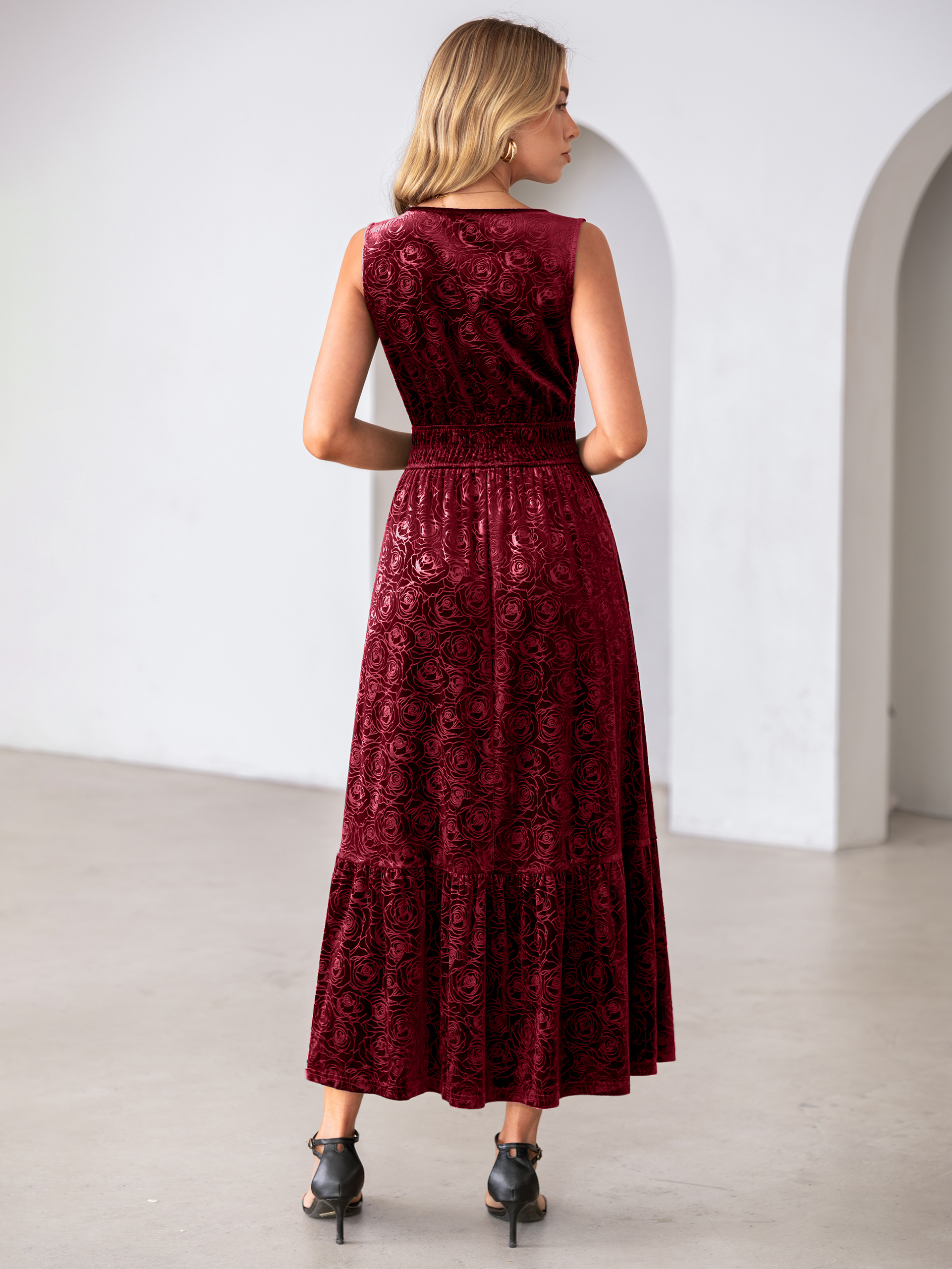 Sleeveless V-Neck Embossed Floral Velvet Maxi Dress