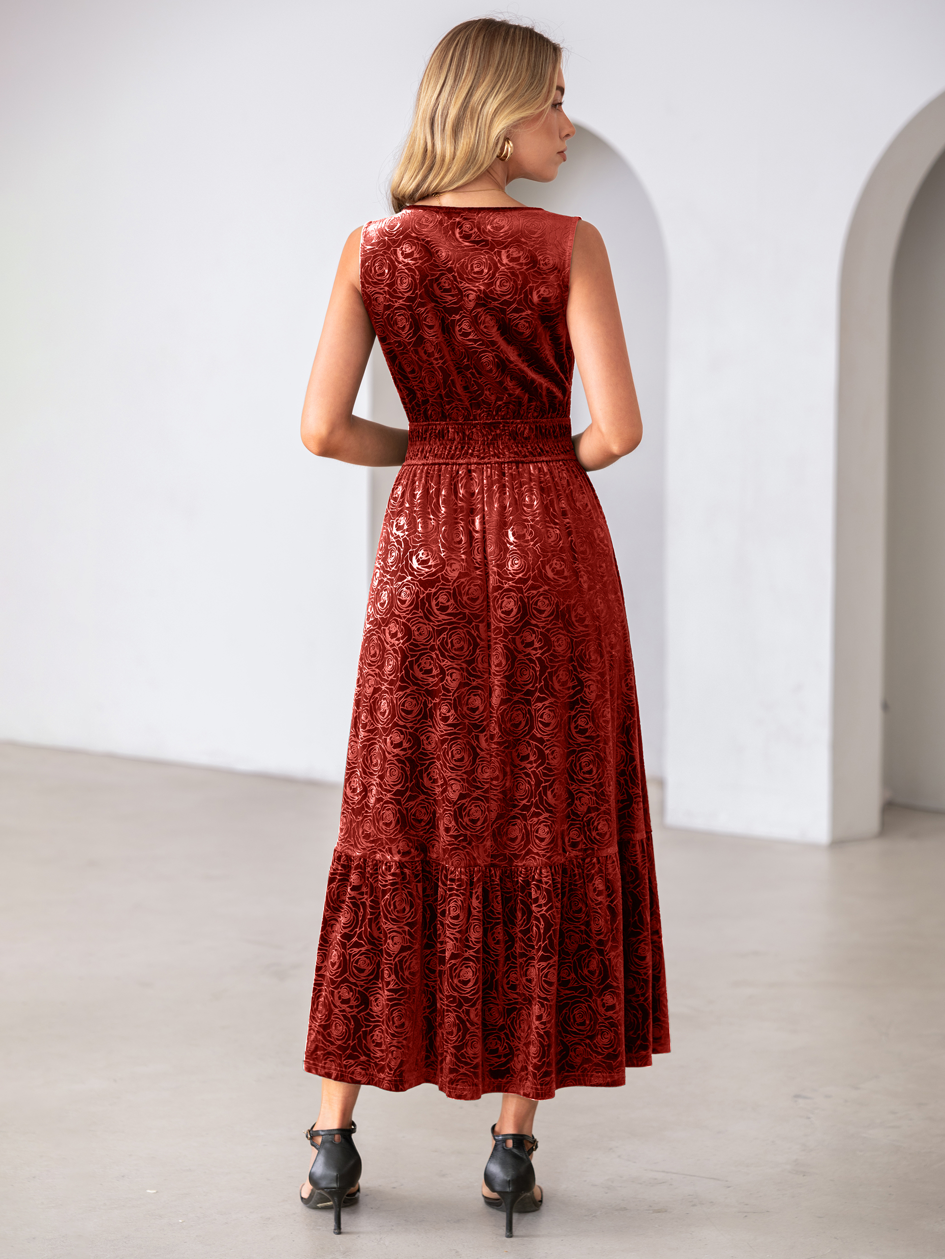 Sleeveless V-Neck Embossed Floral Velvet Maxi Dress
