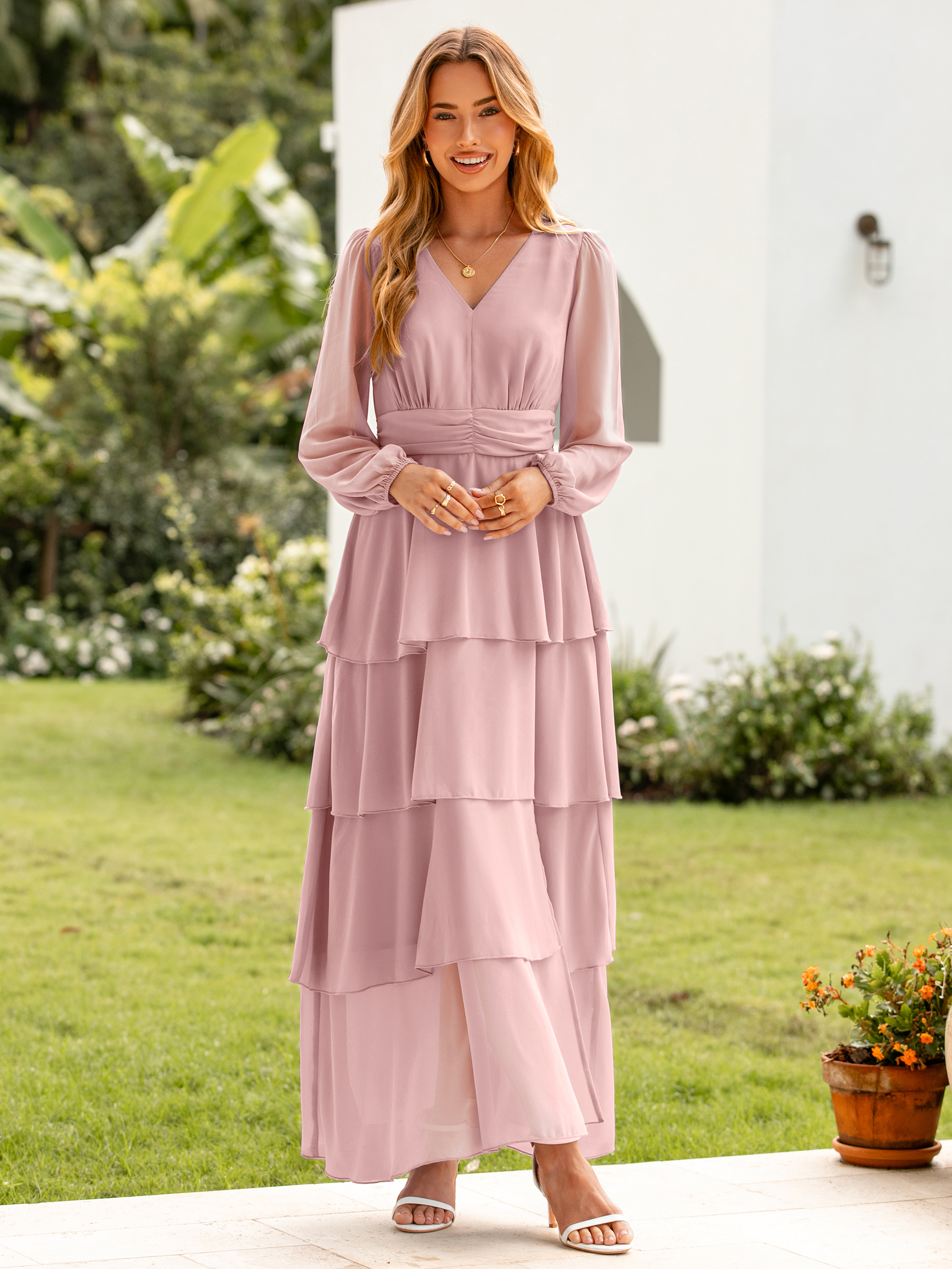 Chiffon Tiered Ruffle Wedding Guest Maxi Dress