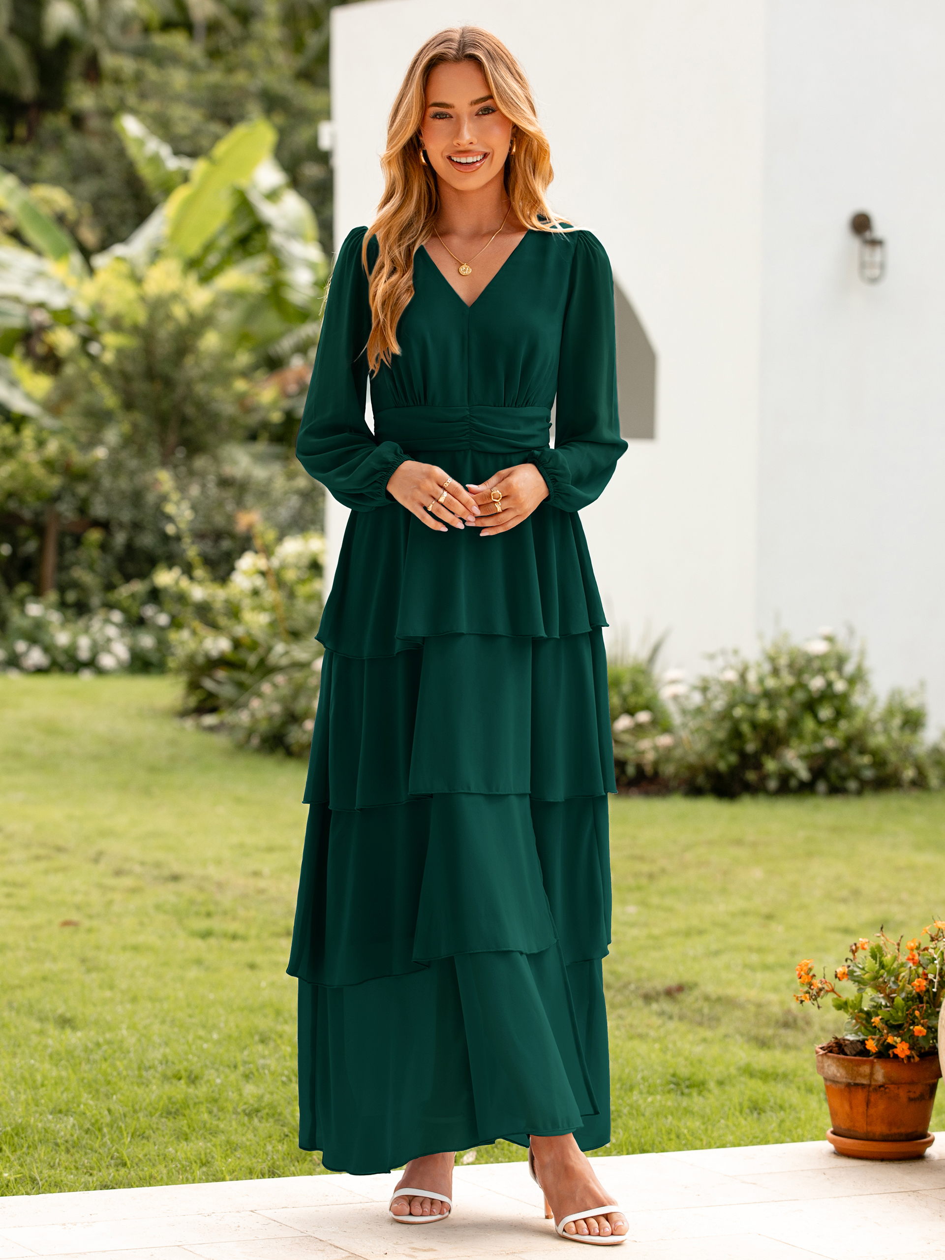 Chiffon Tiered Ruffle Wedding Guest Maxi Dress