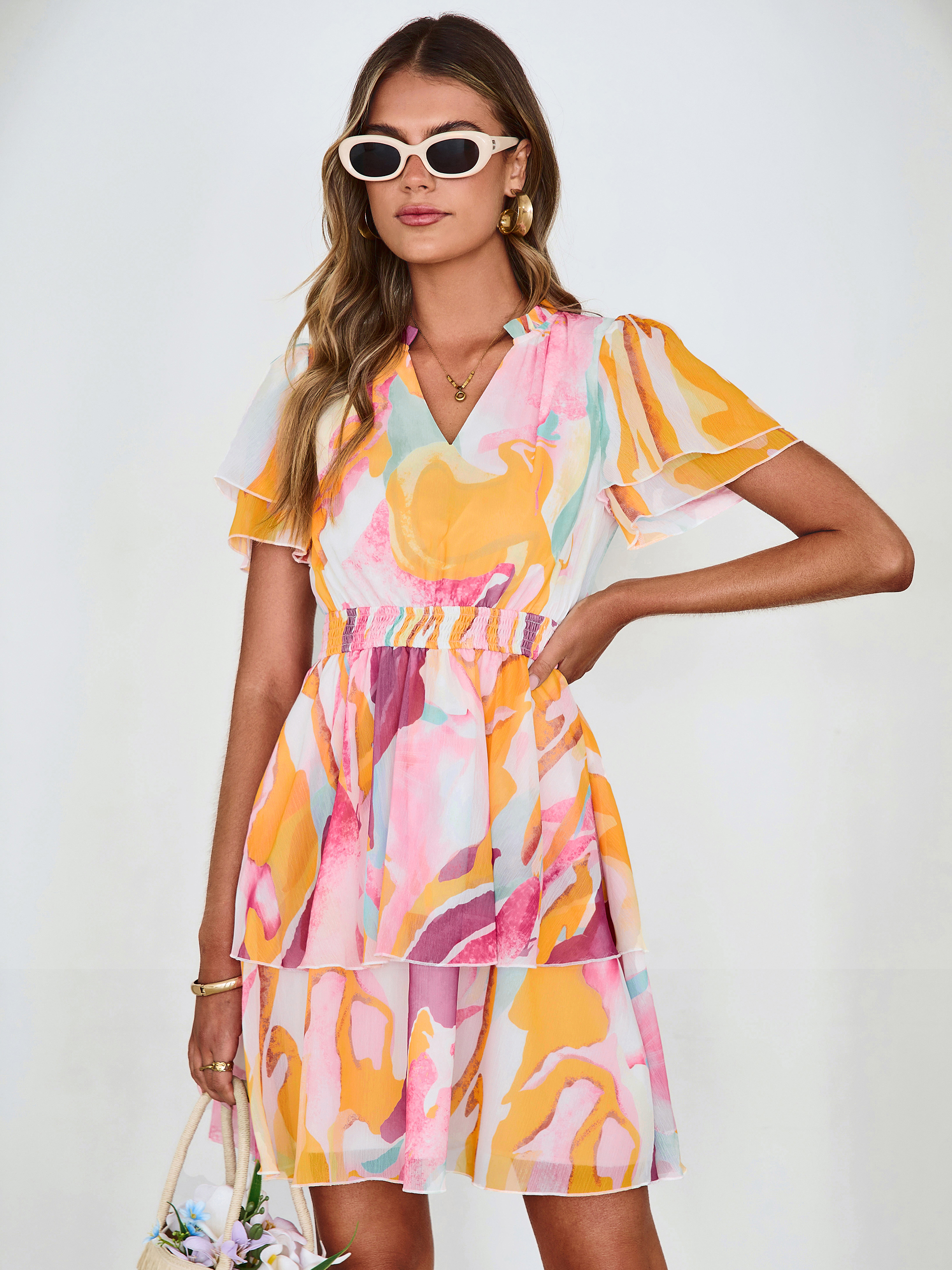 Floral Print V Neck Smocked Tiered Mini Dress