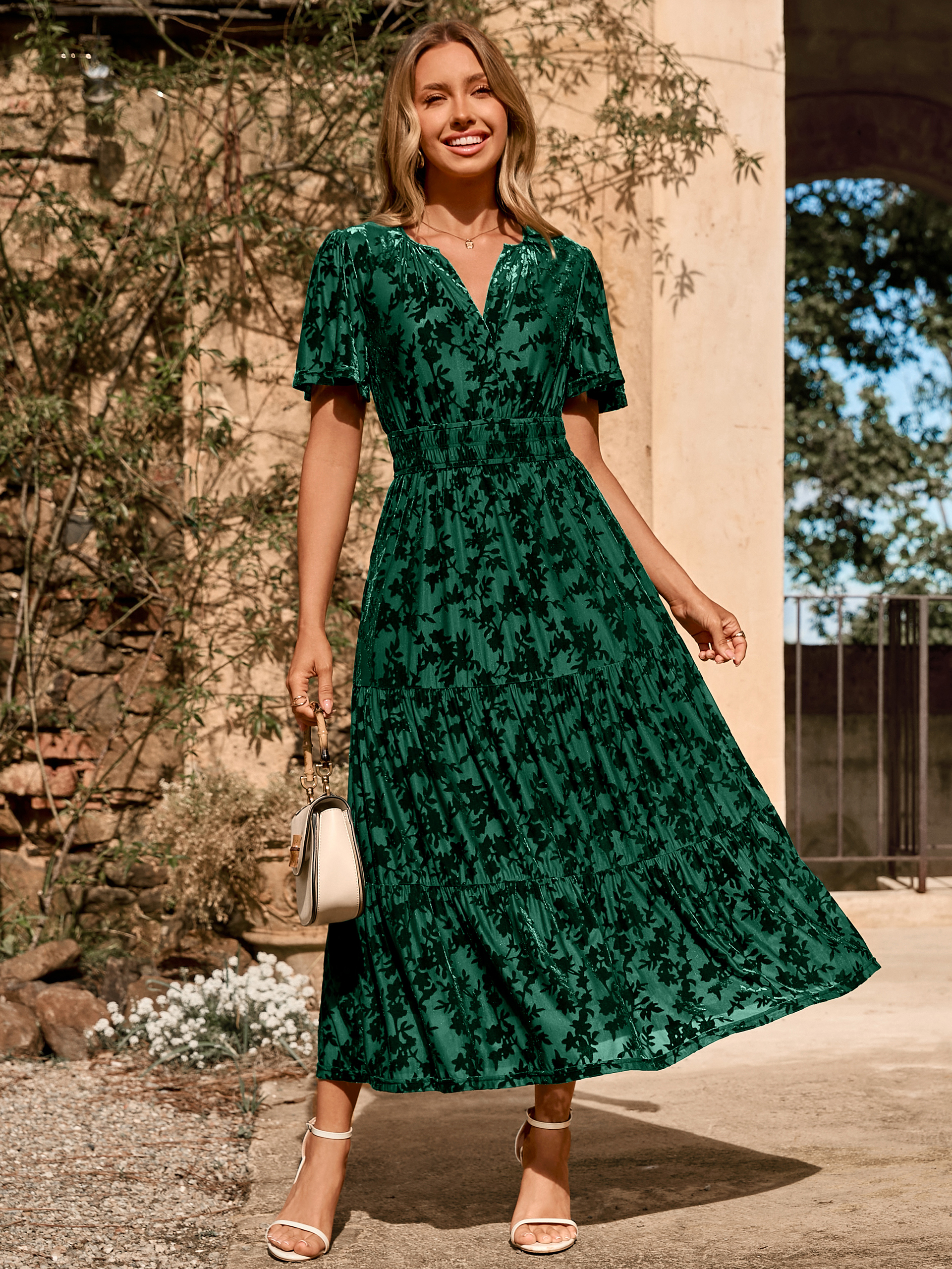Velvet Print V-Neck Empire Tiered Ruffle Maxi Dress - Burnout-Dark Green