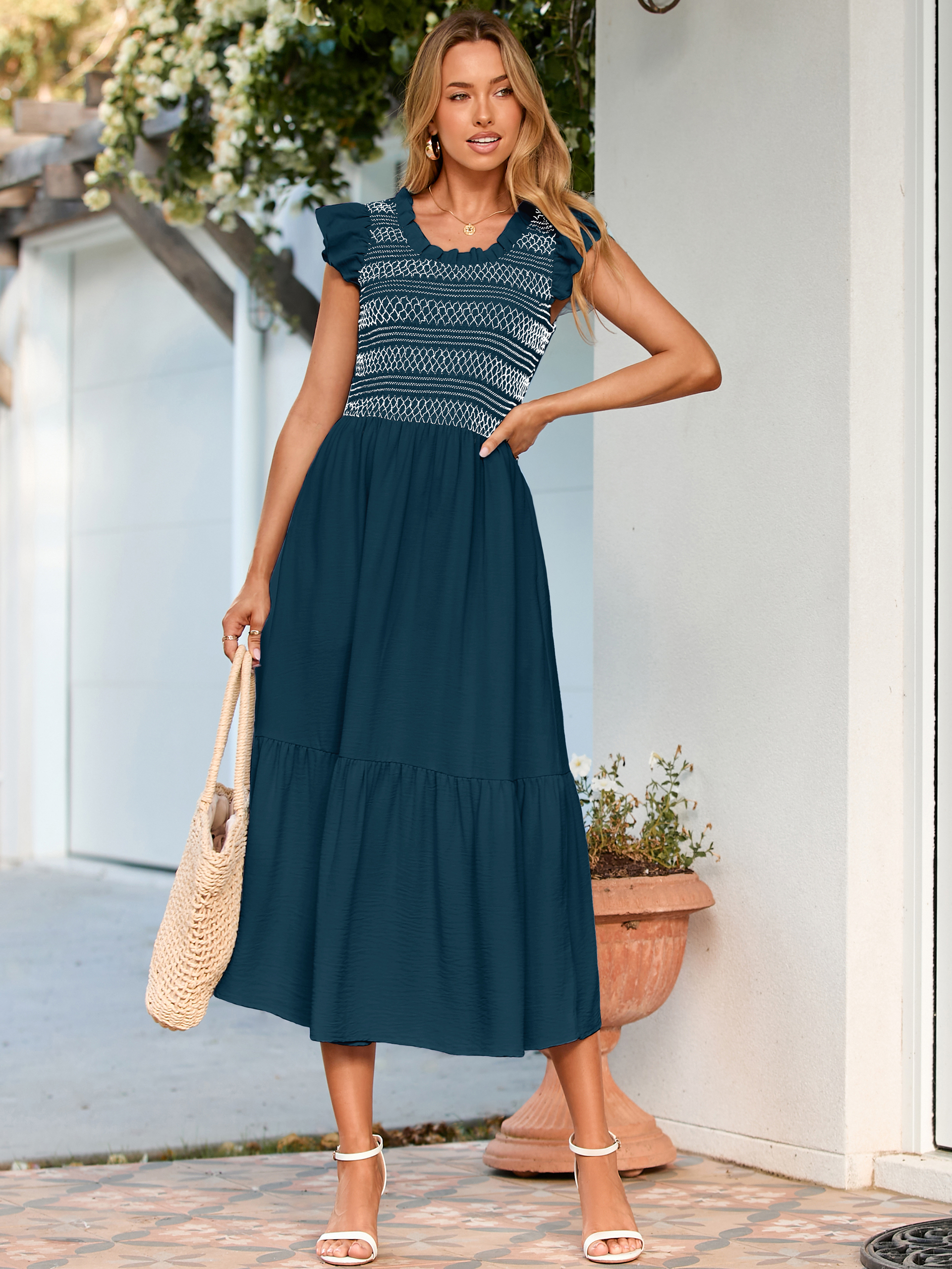 Flutter Sleeve Embroidered A Line Tiered Maxi Dress
