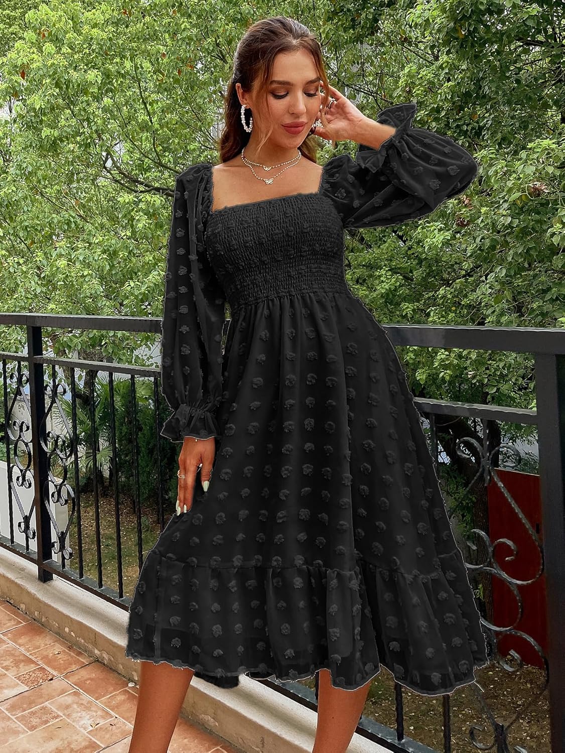 Square Neck Swiss Dot Long Sleeve Shirred Midi Dress - Black