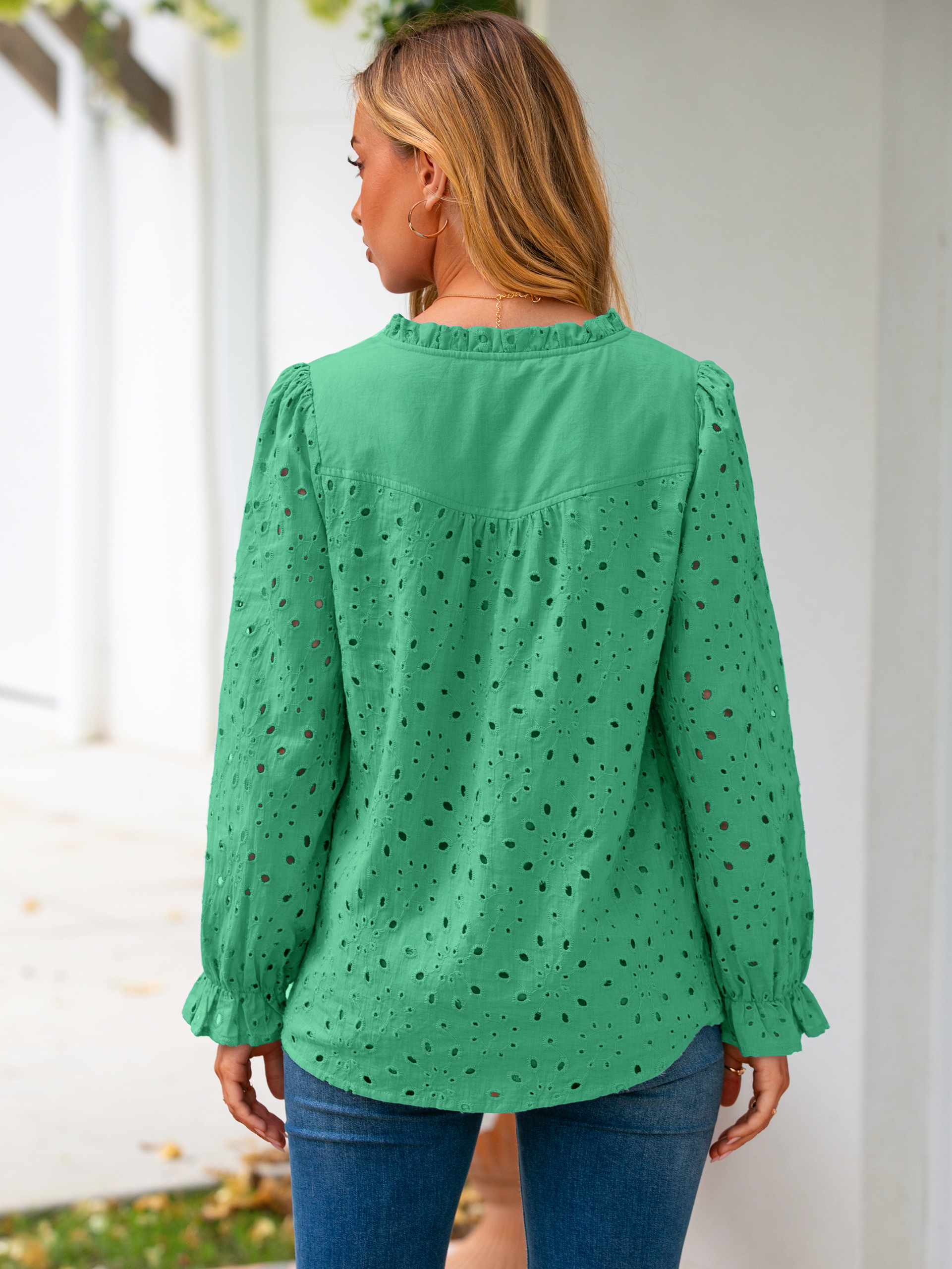 Eyelet Lace Puff Sleeve Button Down Blouse