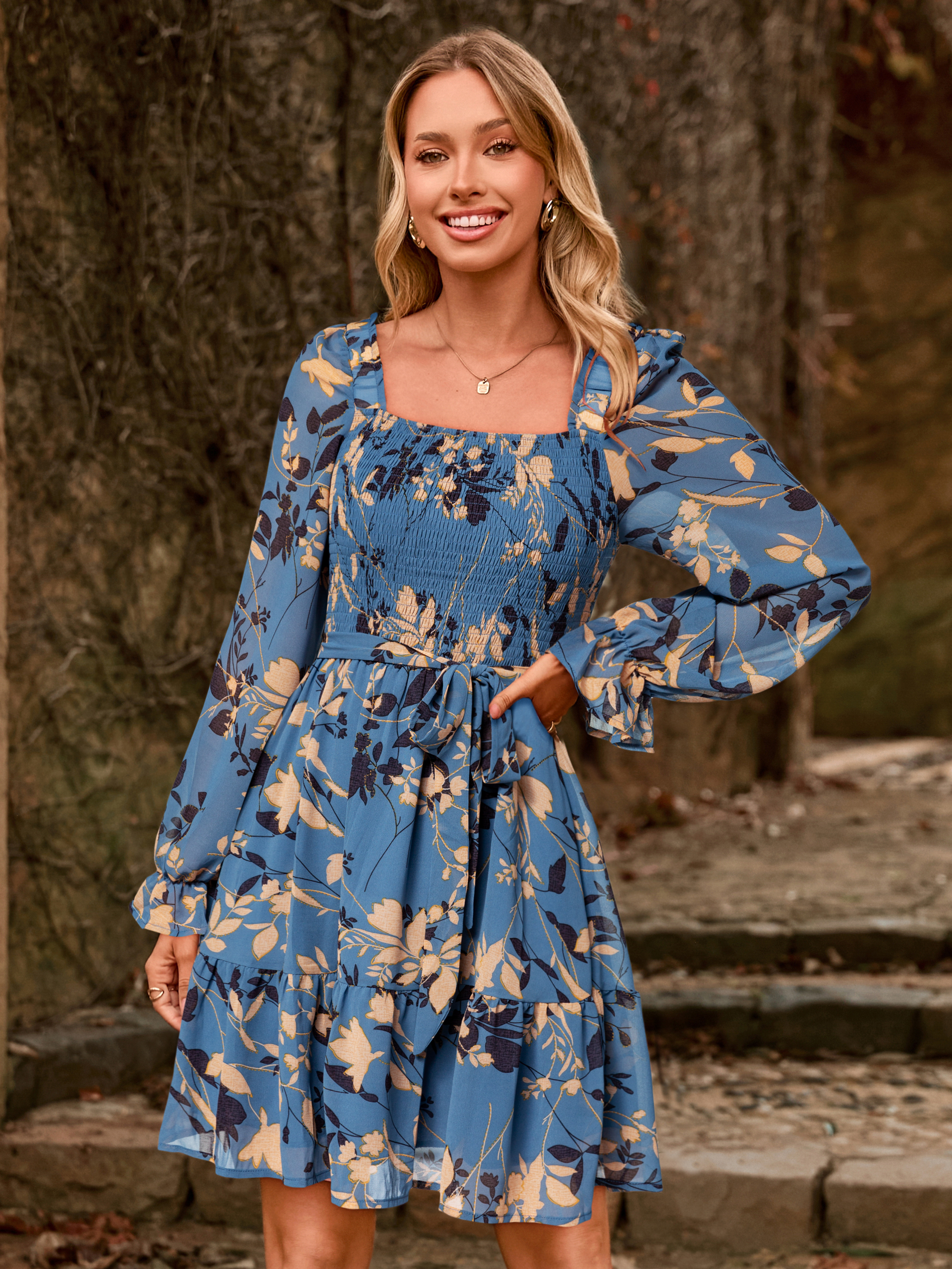 Boho Floral Chiffon Smocked Mini Dress