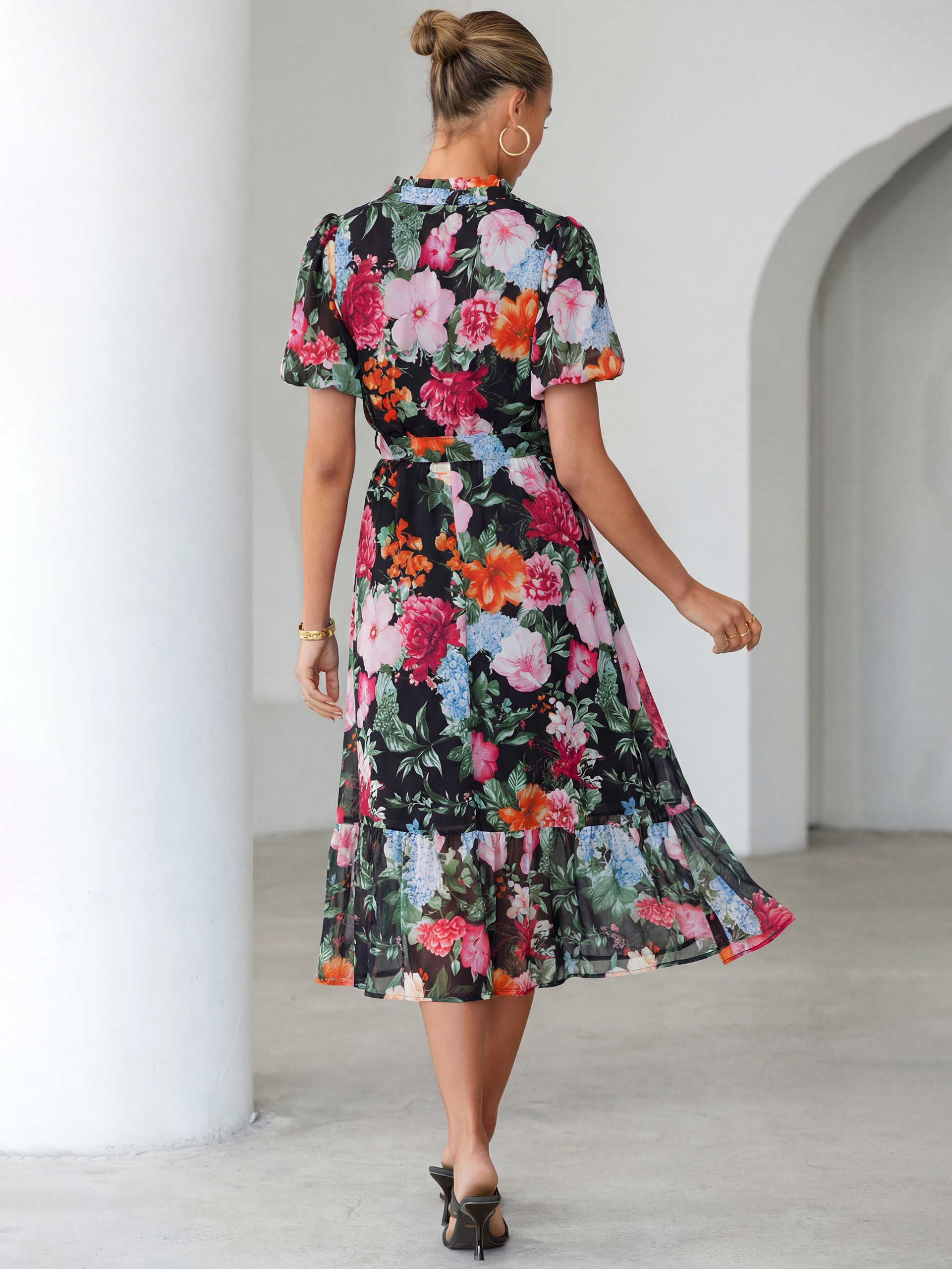 Floral V Neck Belted Tiered Maxi Dress
