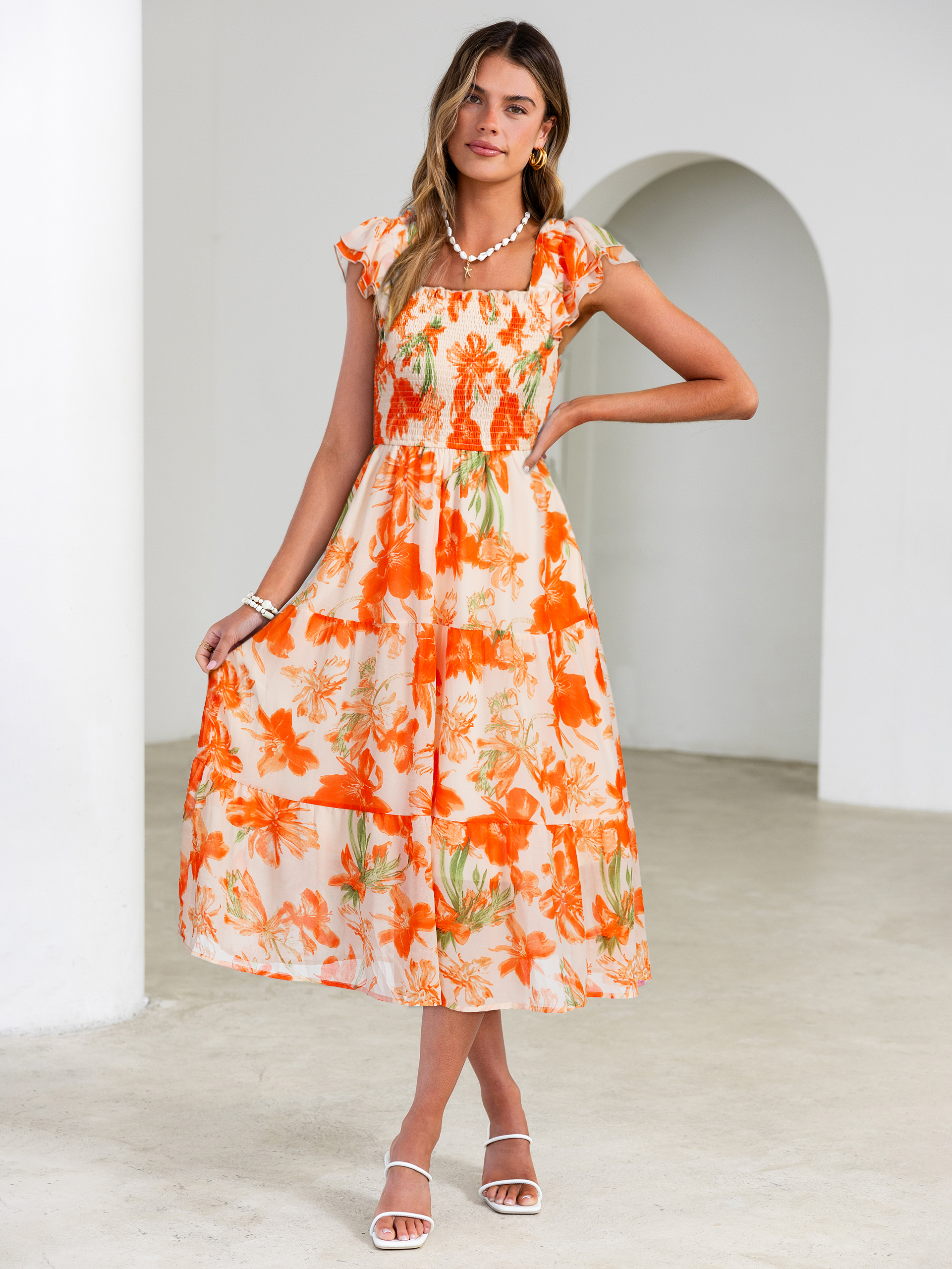 Floral Print Smocked Tiered Maxi Dress - Orange Floral