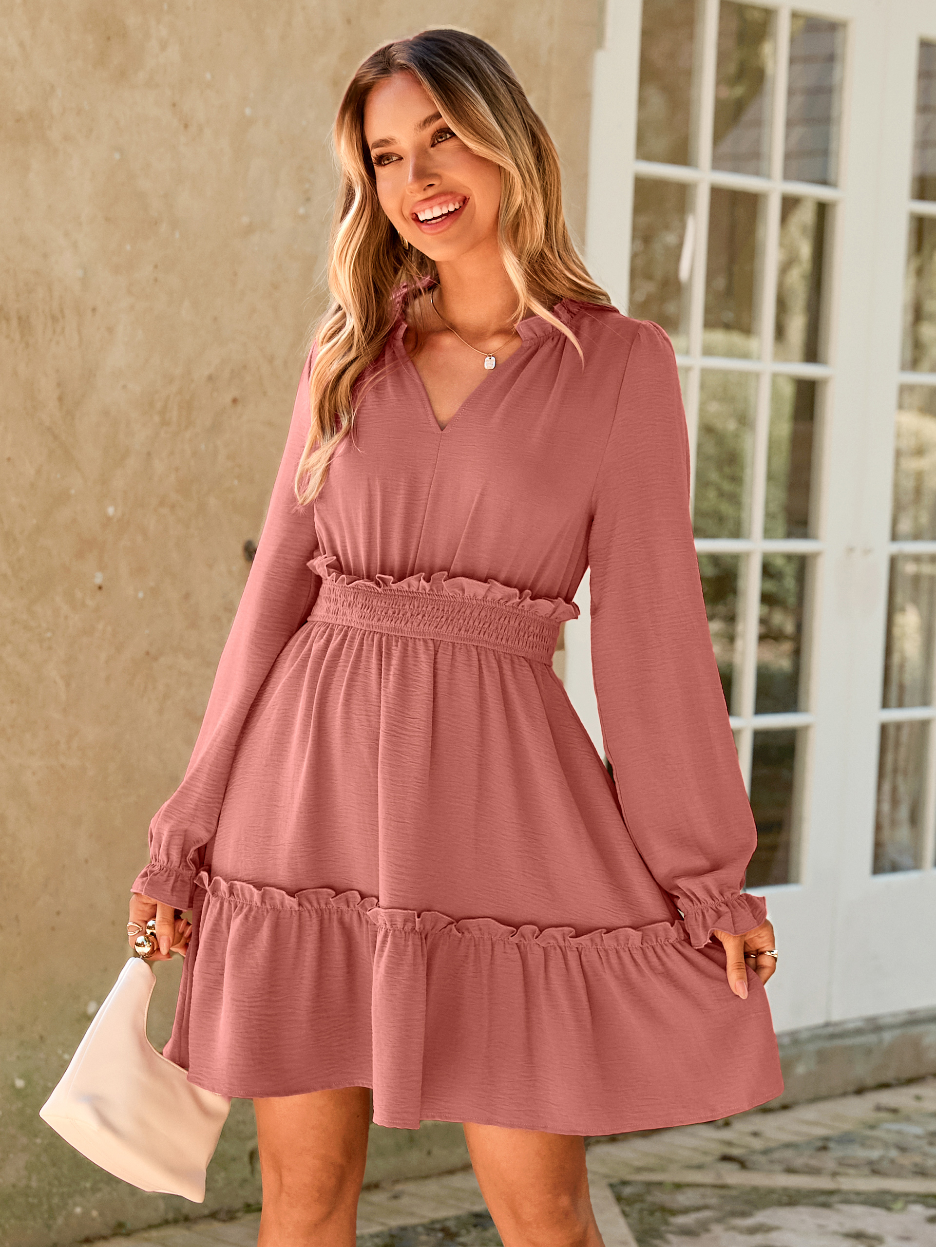 Ruffle V Neck Long Sleeve Mini Dress