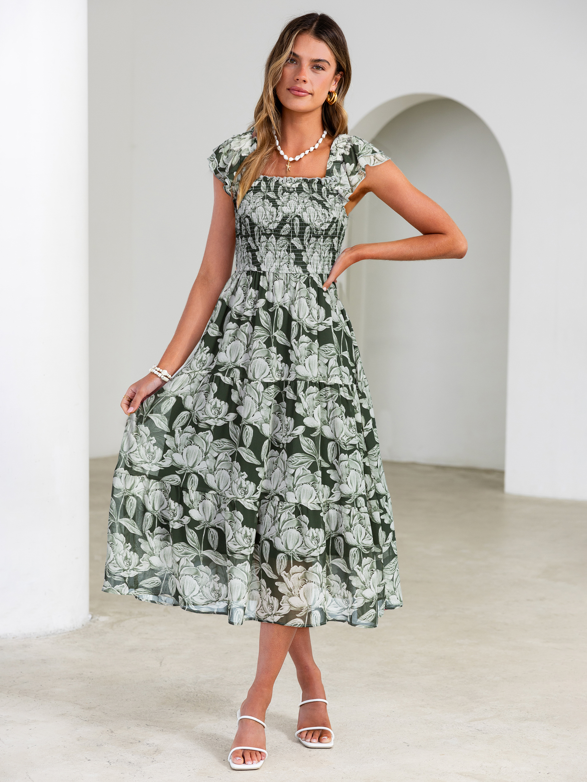 Floral Print Smocked Tiered Maxi Dress - Green White Floral