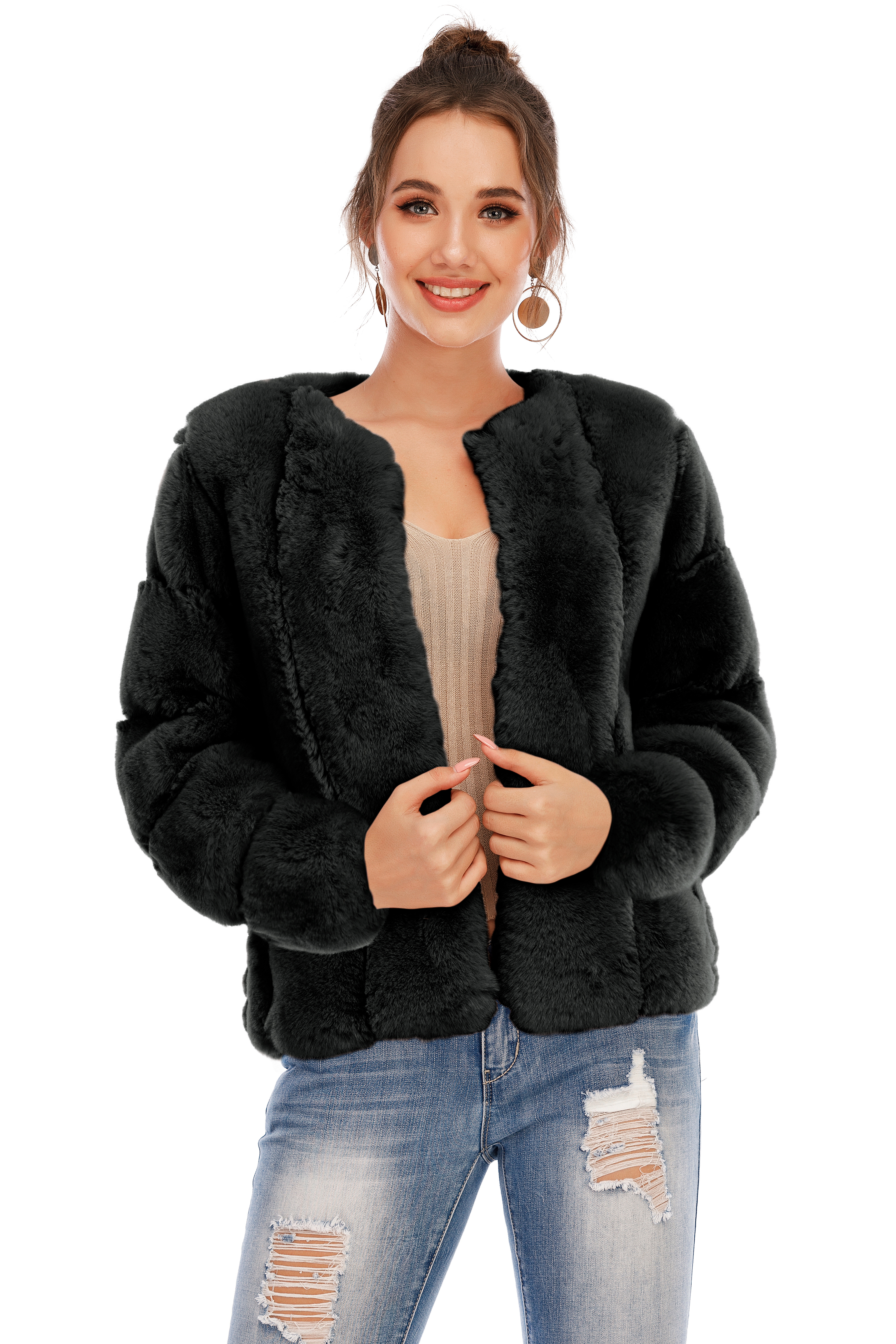Chic Shaggy Warm Faux Fur Coat - Black