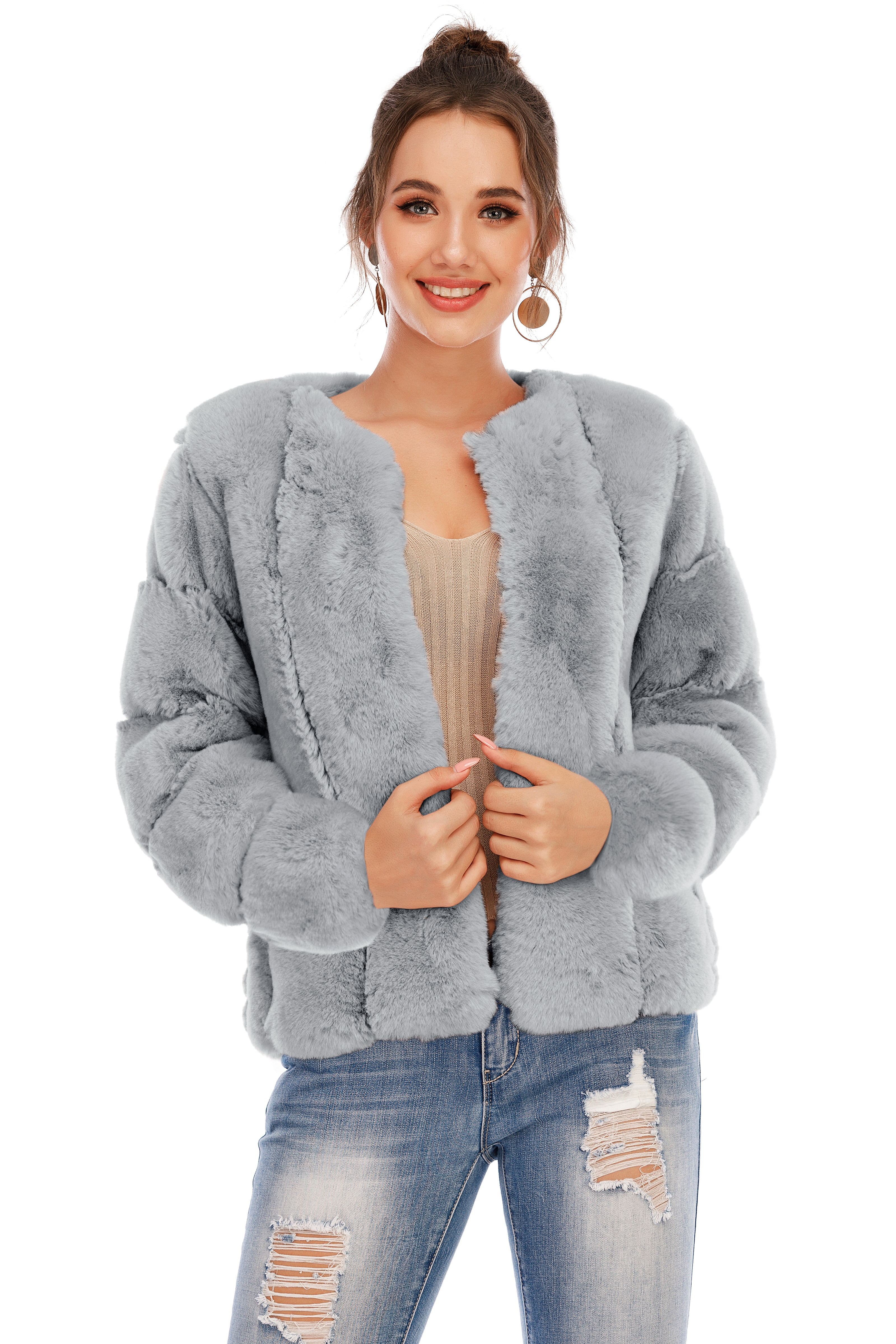 Chic Shaggy Warm Faux Fur Coat - Grey