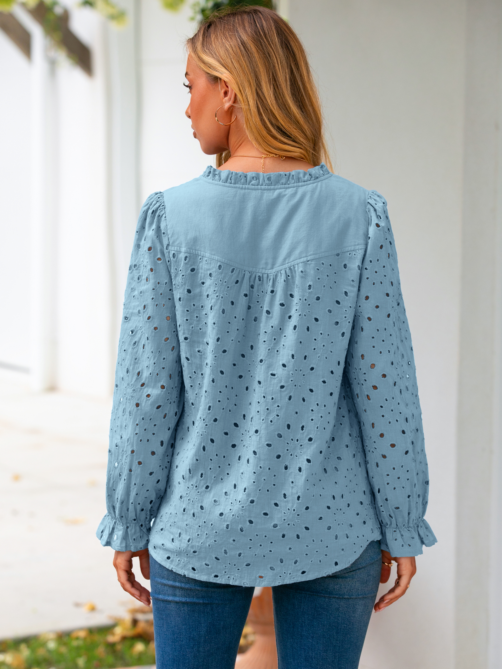 Eyelet Lace Puff Sleeve Button Down Blouse