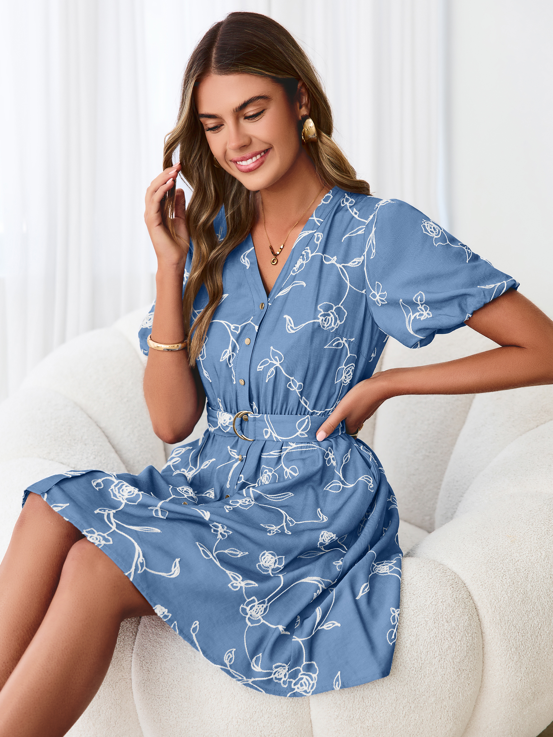 Embroidered Cotton Denim Belted A-Line Dress