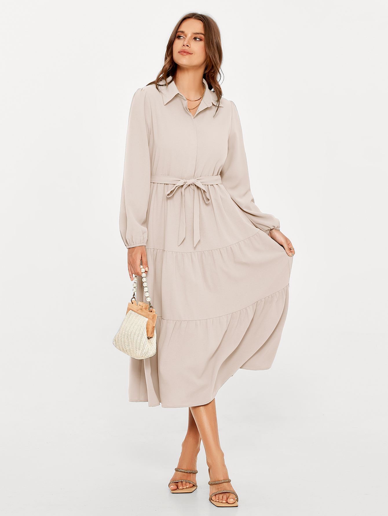 Button Up Lantern Sleeve Flowy Maxi Dress