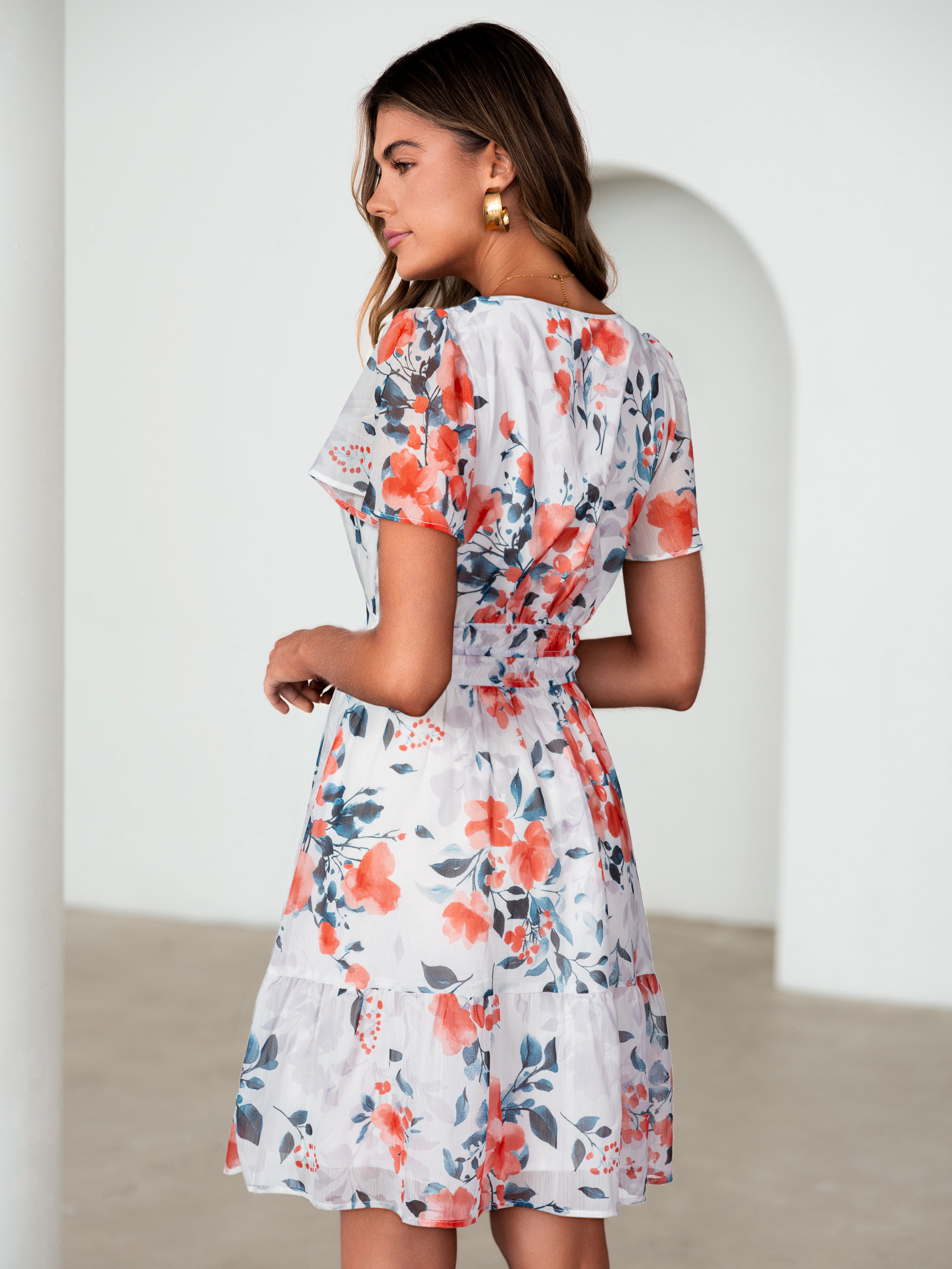 Floral V-Neck Lined Ruffle Tiered Mini Dress - Ivory Orange Floral